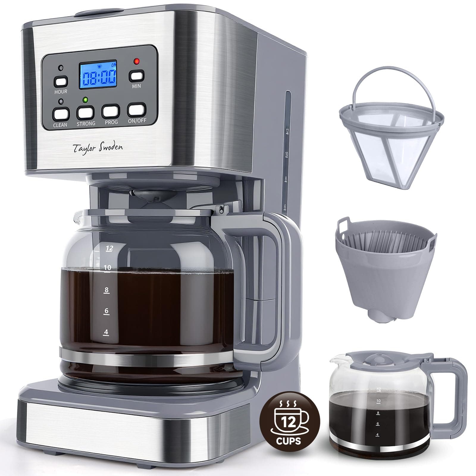 Taylor Swoden Macchina da Caffè Americano 950W per 12 Tazze e Capacità da 1,5 L con Filtro Riutilizzabile e Base con Mantenimento Caldo, Sistema Antigoccia, Timer e BPA FREE - Pewter