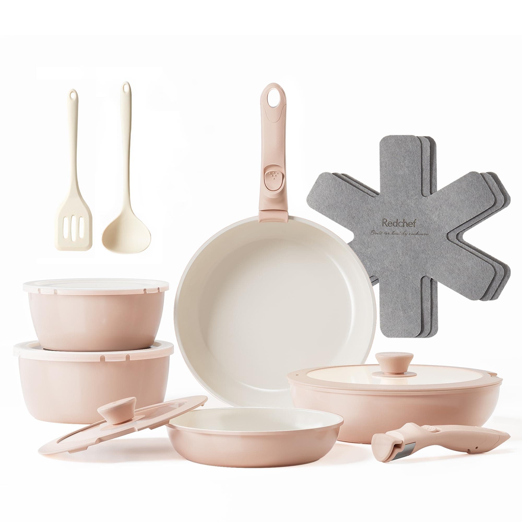 Redchef Set di Pentole in Ceramica 16 Pezzi, Padelle Antiaderente con Manico Rimovibile, Pentola 18/20 cm & Padella 20/26 cm, Impilabile, per Tutti i Piani Cottura e Forno,Rosa