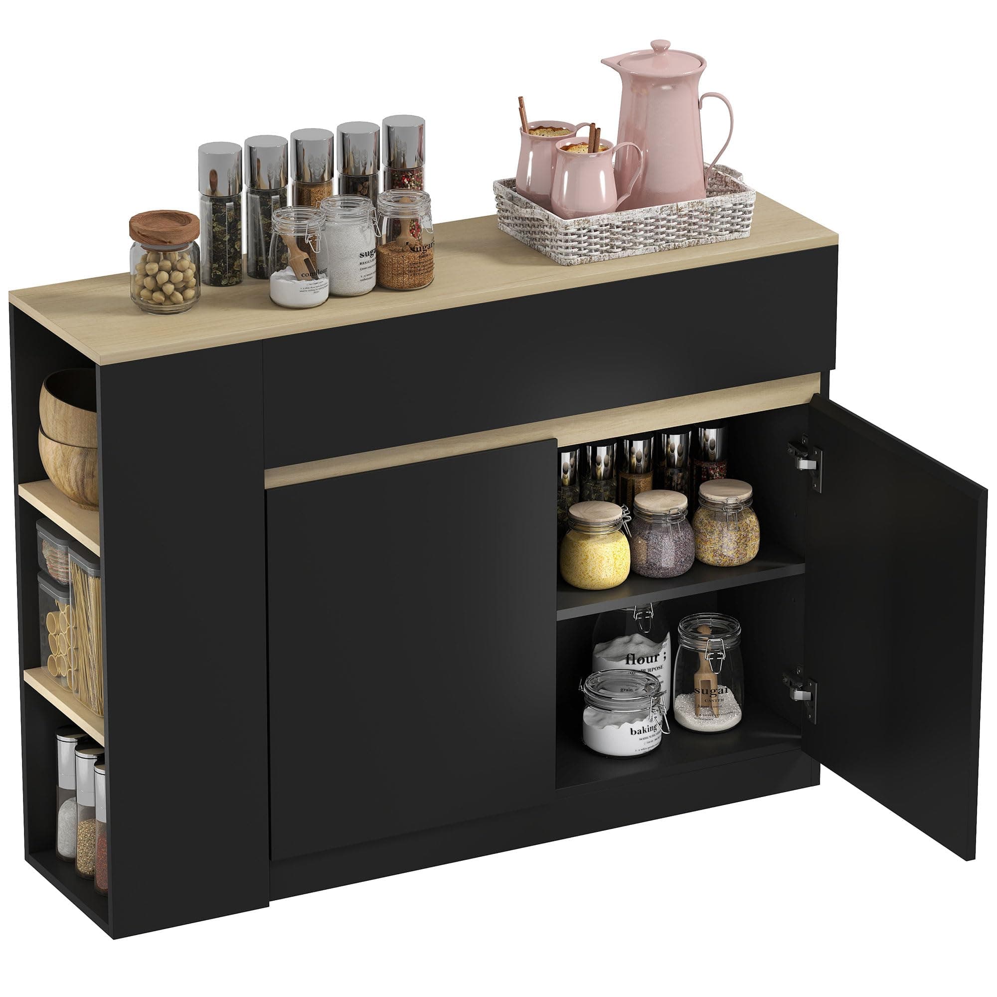 HOMCOM Buffet, Meuble de Rangement, avec Placard 2 Portes, étagère réglable, 2 tiroirs, 3 étagères Ouvertes, 110 x 29,5 x 82 cm, pour Salle à Manger, Salon, Cuisine, Noir