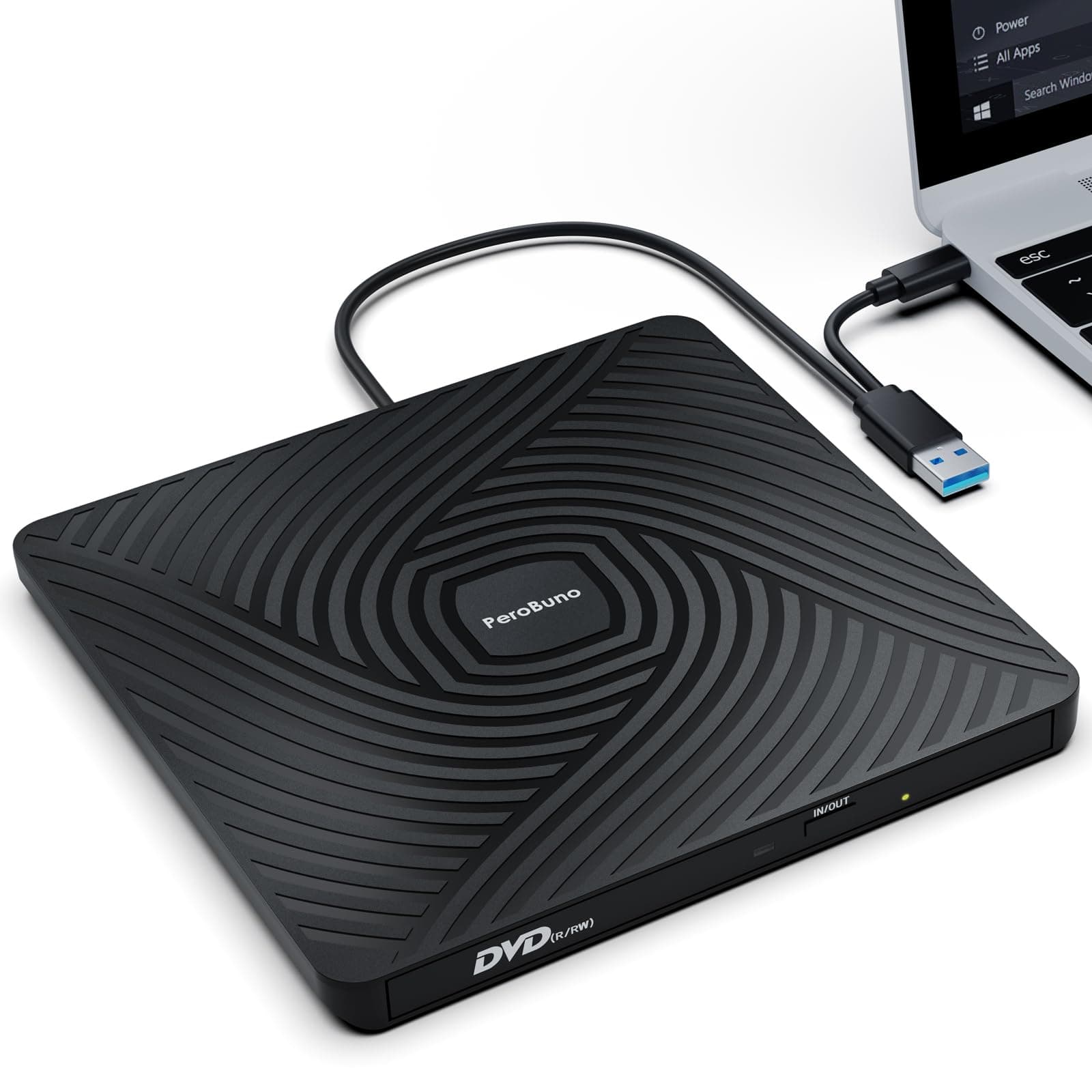 PeroBuno Lector CD/DVD Externo, USB 3.0 y Type-C Grabadora CD DVD Externa, ROM +/- RW Unidades Portátil Ultra Delgado de 0,5 Pulgadas DVD Externo para PC, Macbook, Windows11/10/8/7, Linux y Mac OS