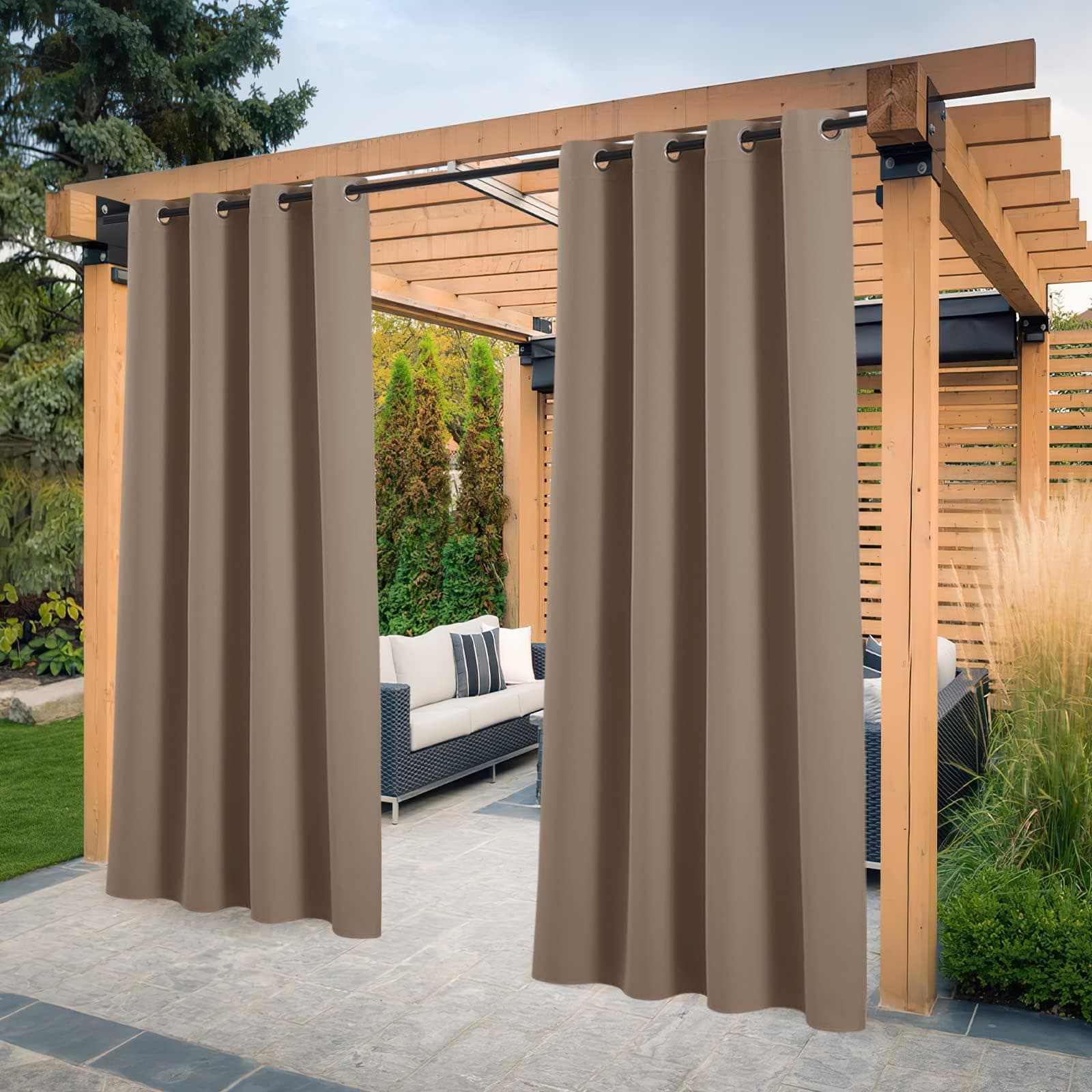 PONY DANCE Cortinas Opacas Exterior Porche, Cortinas Impermeable Termicas Aislantes del Calor para Pergolas de Jardin con Ojales, 2 Piezas, 132x213 cm, Moca