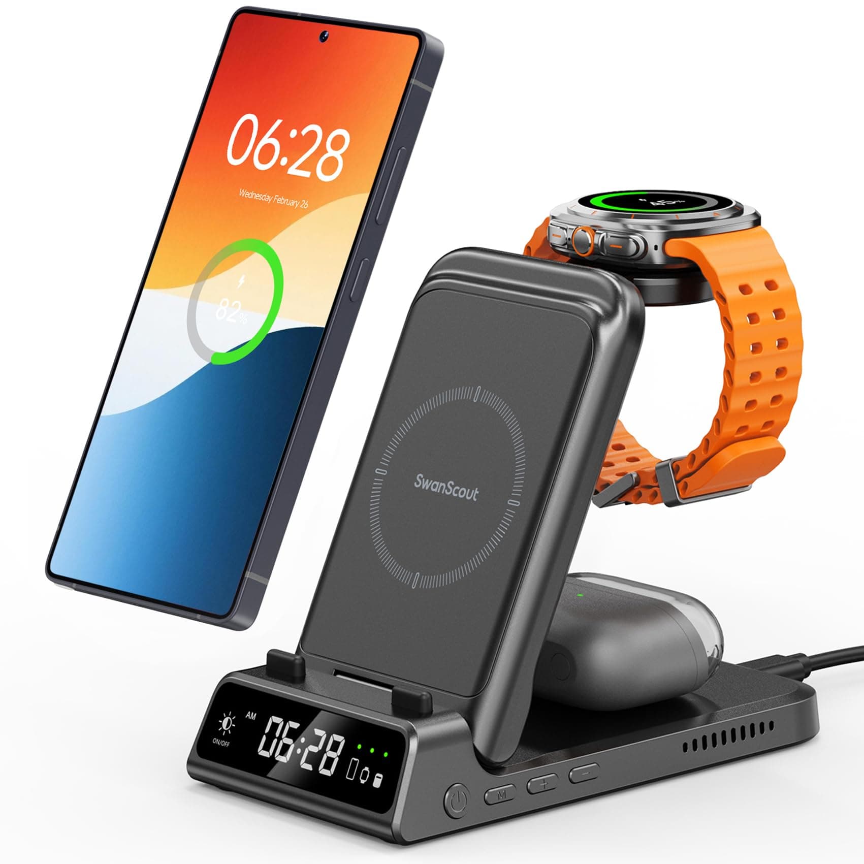 Chargeur Induction pour Samsung S26 Ultra/S26+/S26, Station de Charge pour Samsung S25/S24/S23/S22, 3 en 1 Chargeur sans Fil pour Galaxy Watch 8/8 Classic/Ultra/7/6/5, Galaxy Buds, SwanScout 703S
