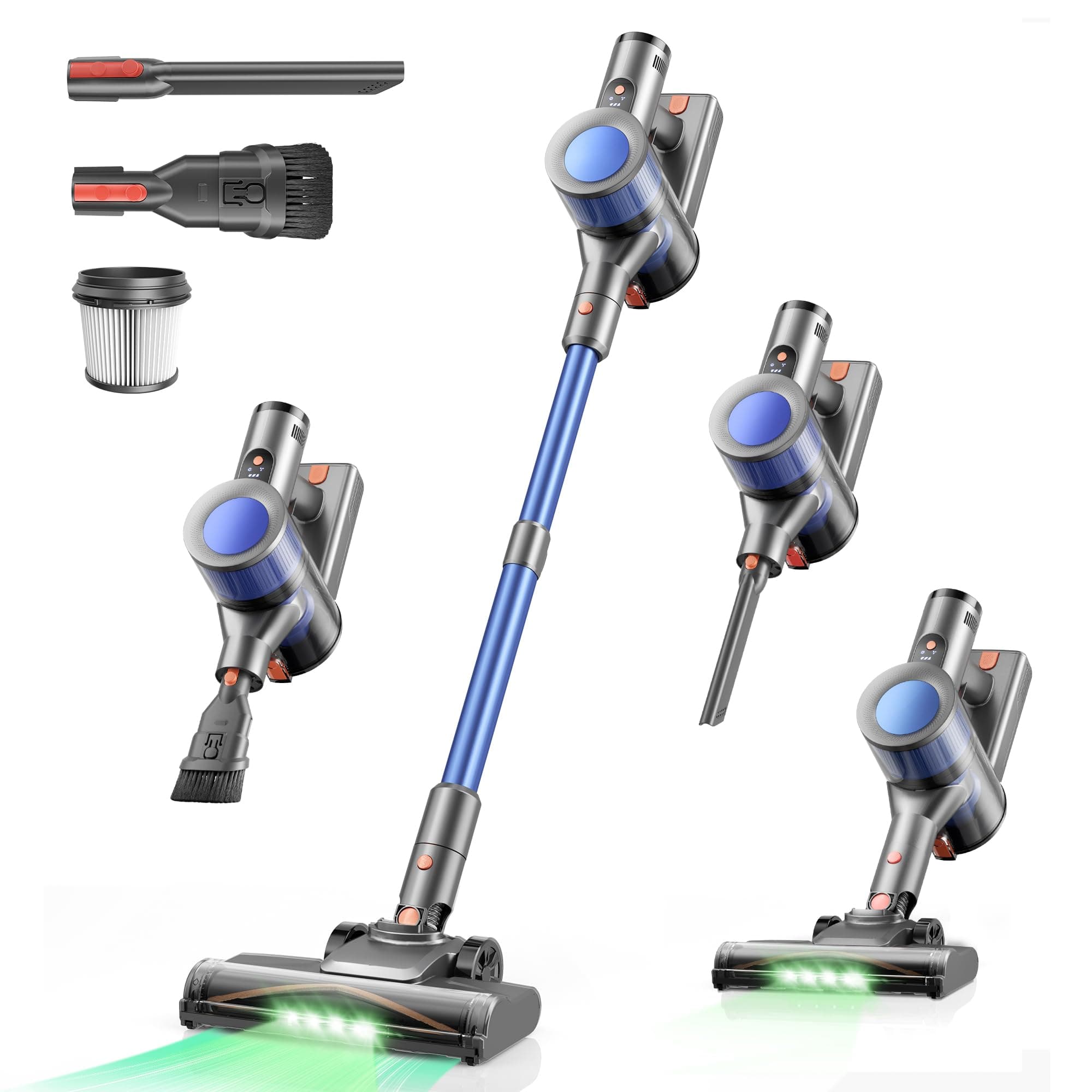 Dzaki Aspirapolvere Senza Fili 50KPa/55Min, Scopa Elettrica con Luce LED Verde, Spazzola Antigroviglio, Display LED, Autoportante, HEPA 5 Stadi, 2,7kg per Pavimenti/Tappeti/Peli Animali (Blu)
