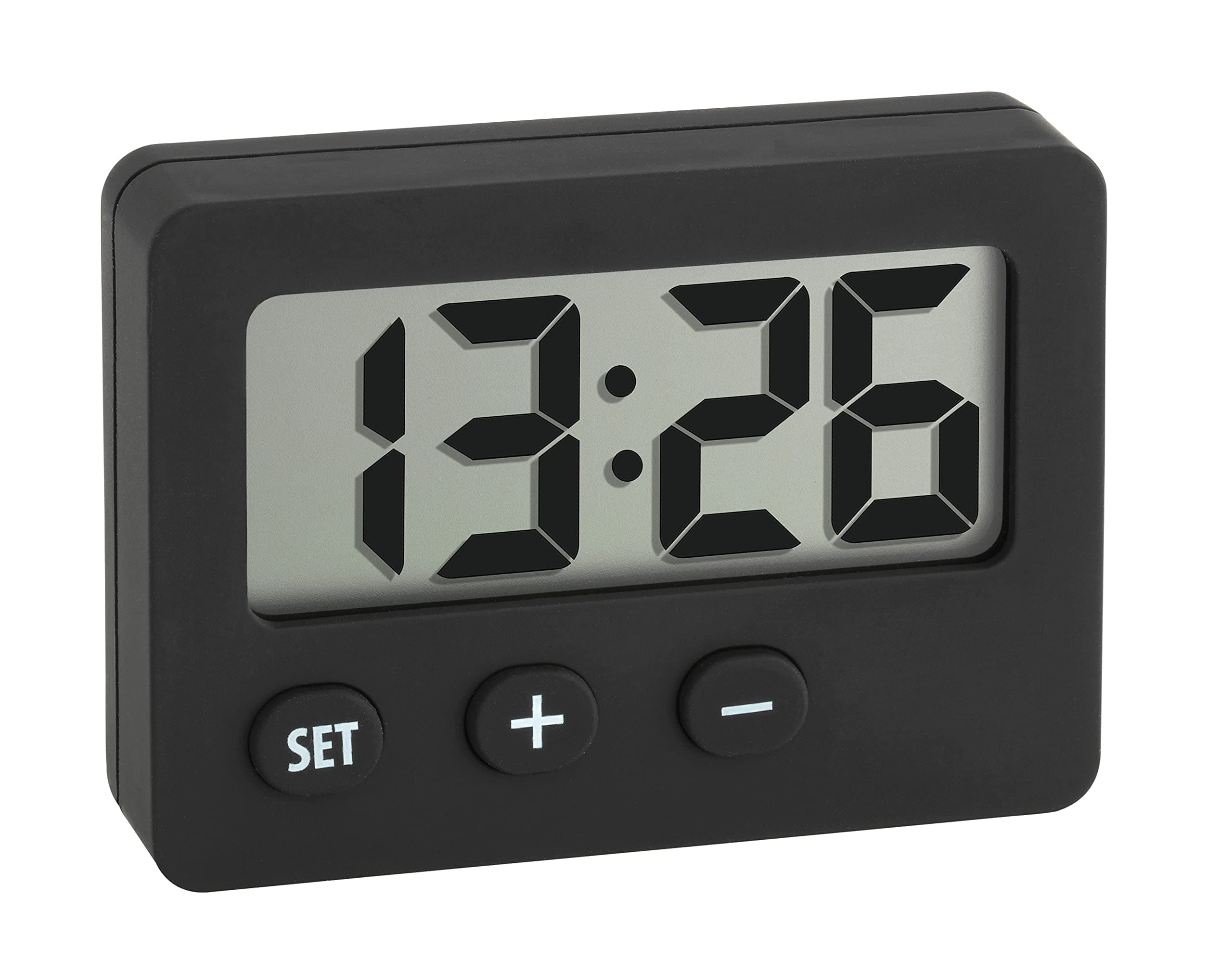 TFA Dostmann Mini Digitaluhr, 60.2013.01, Tischuhr, Quarzuhr, perfekt für KFZ (Wohnmobil oder Auto), für Klausuren/Abschlussprüfungen, handlich, mit Magnet, Selbstklebender Halter, Ständer, schwarz