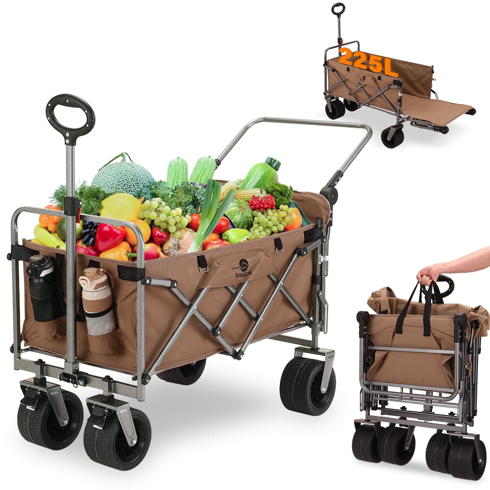 Rowce Chariot de Plage Pliable avec Freins, Pousser & Tirer, Chariot à roulettes Transport avec Roues Extra Larges, Hayon Rabattable à Plat, Poignée Réglable, pour Tout Terrain
