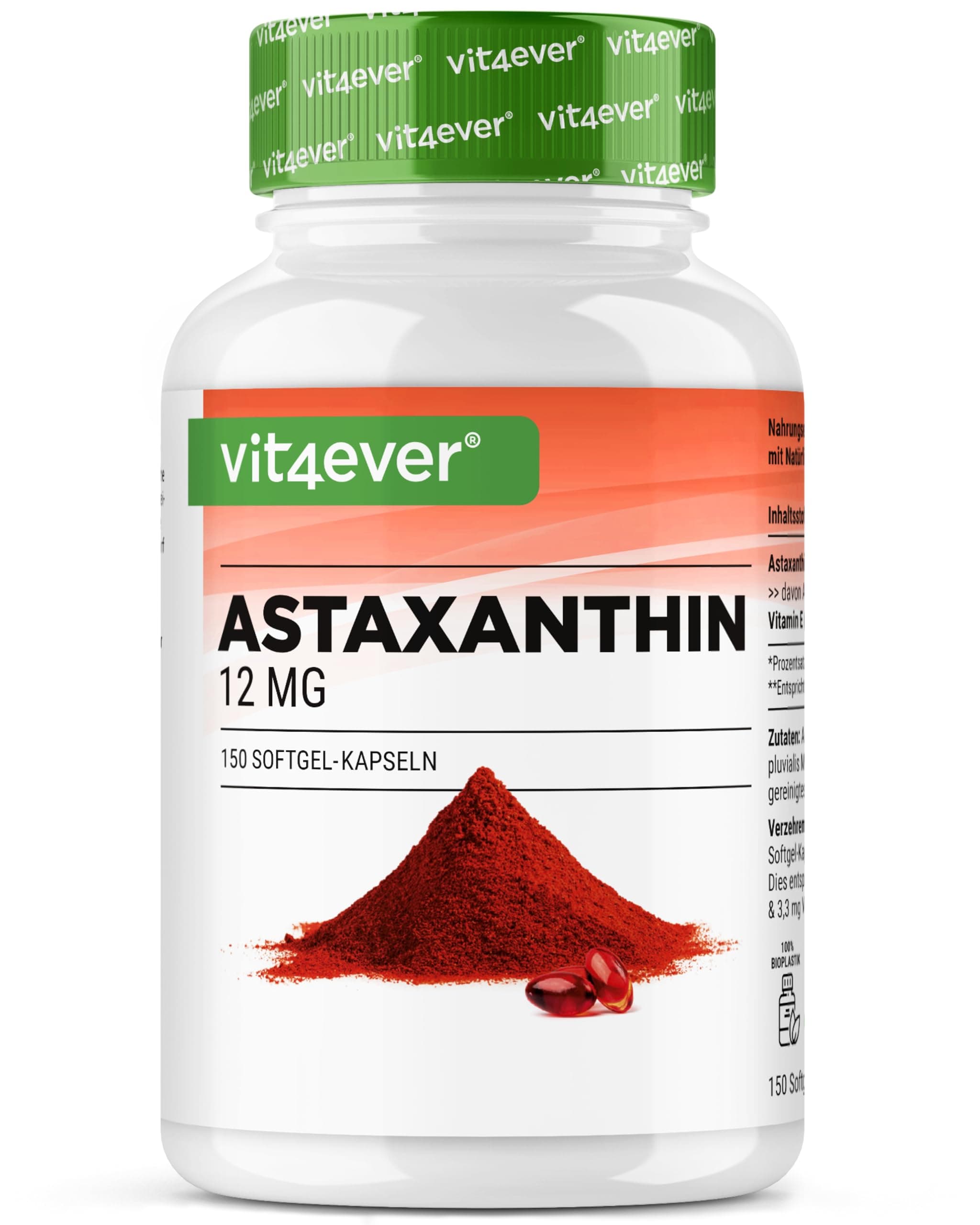 vit4ever Astaxanthin 12 mg - 150 Softgel Kapseln (10 Monatsvorrat) - Premium: Echtes Astaxanthin aus reiner Haematococcus Pluvialis-Mikroalge - Optimiert mit Vitamin E & Olivenöl - Laborgeprüft