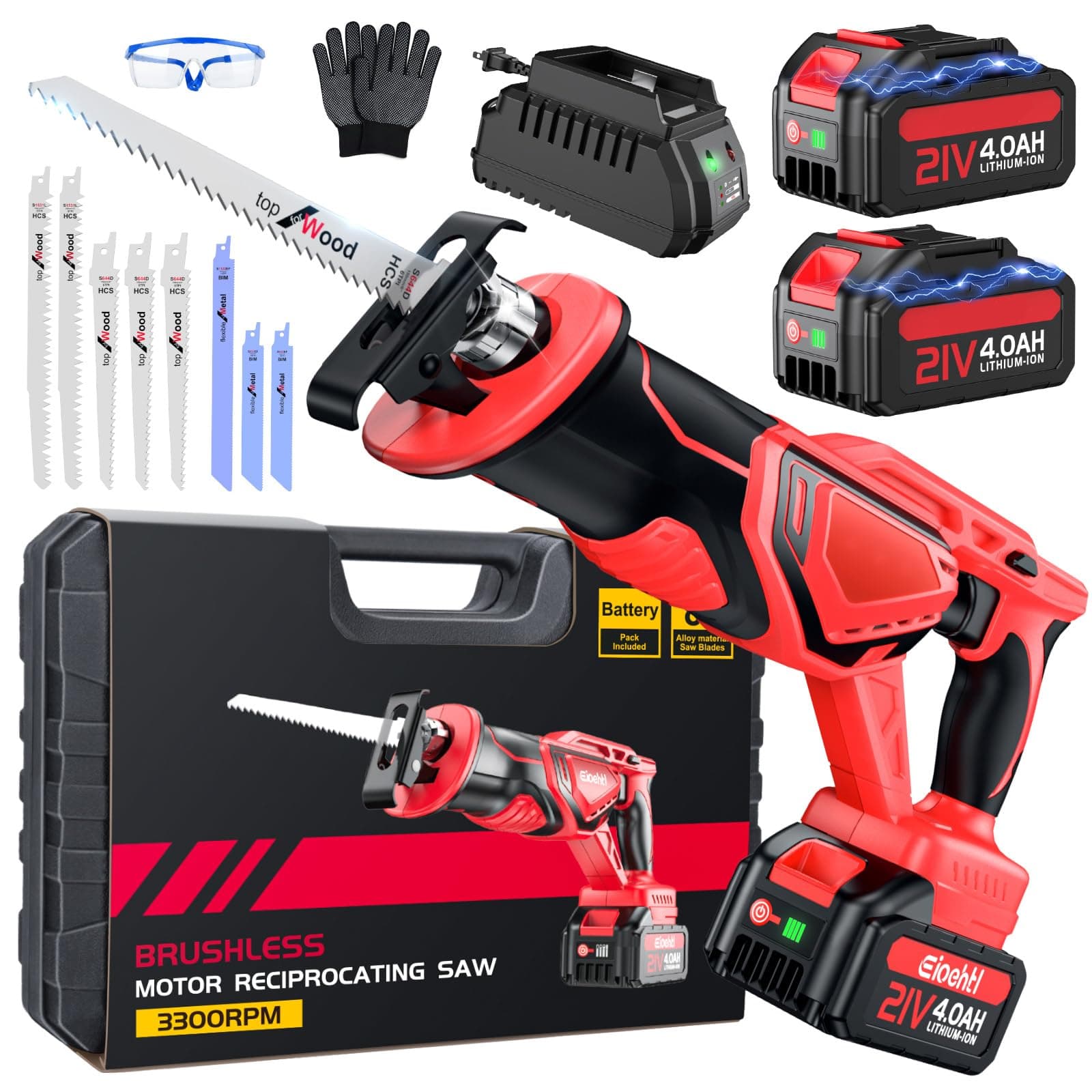 Sega a Gattuccio Batteria, motore brushless a bassa rumorosità da 3500 SPM, batterie ad alte prestazioni da 2 * 21V 4,0 Ah in standby prolungato, set di lame versatili in acciaio legato da 8 pezzi