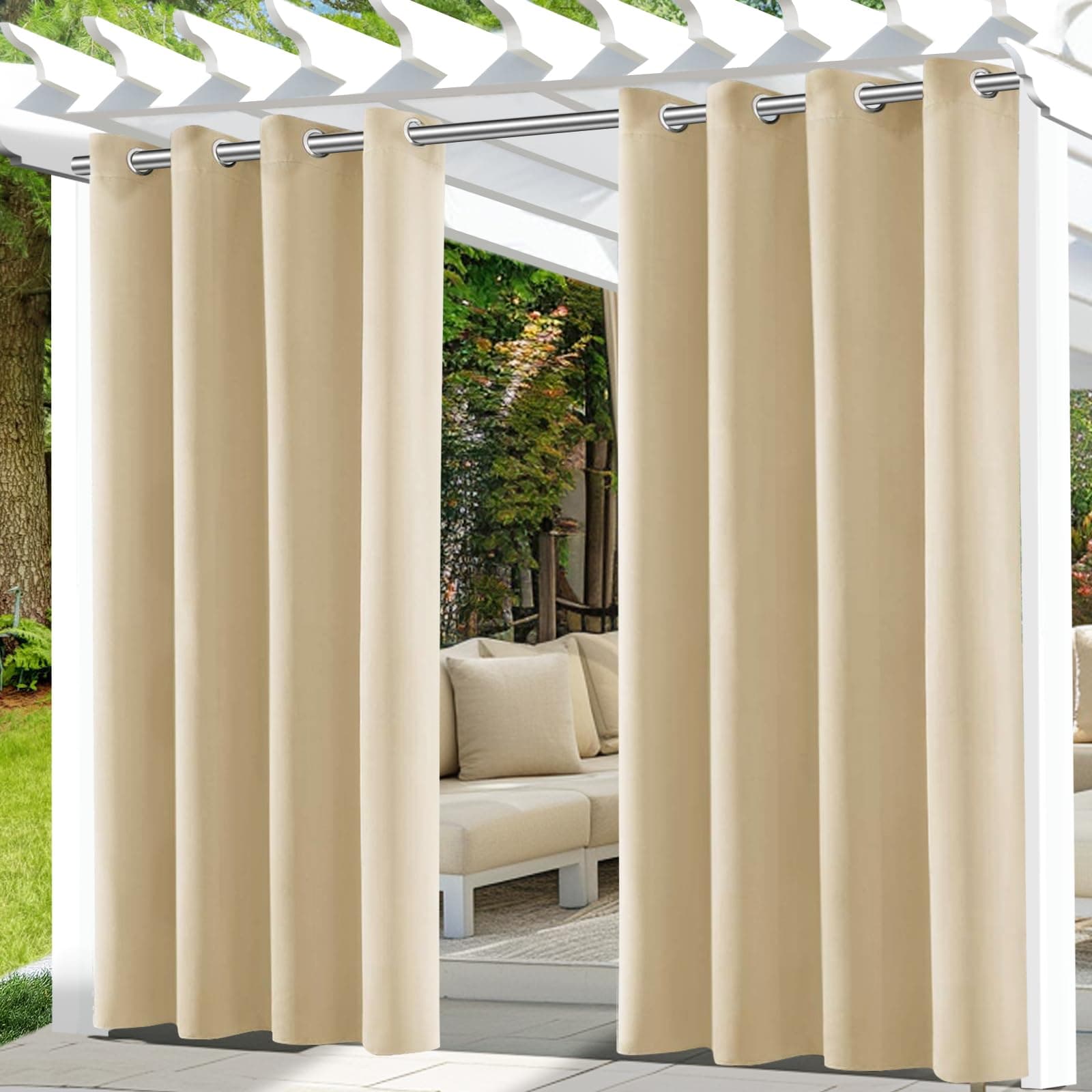UFYTT Tende da Esterno Impermeabile,2 Pezzi Tende per Esterno con Anelli,Tende per Gazebo Esterno Oscurante,Tende Idrorepellente per Esterni per Balconi,Terrazzo,Veranda,132x215cm,Beige