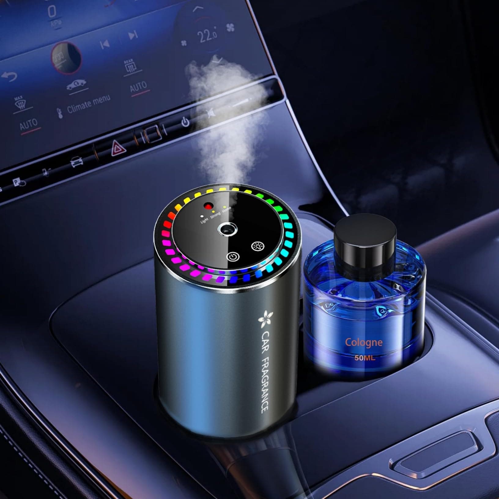 Ambientador Coche con 50ml oler Difusor de Fragancias Eléctrico para Automóvil, On/Off Automático, Sensor Musical, Atomizador Ultrasónico, 3 Modos, Recargable, Duración 5 Meses BJ-579 (Colonia)