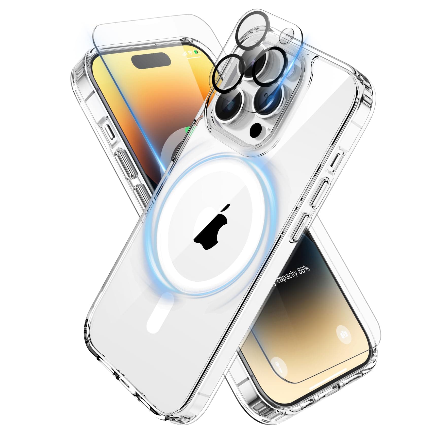 ORETECH Coque pour iPhone 14 Pro avec 2 Verre Trempé et 1 Caméra Protecteur, Dos Anti Rayures Etui Clair Arrière Housse Antichoc Coque Magnétique pour iPhone 14 Pro Case 6.1" Transparent