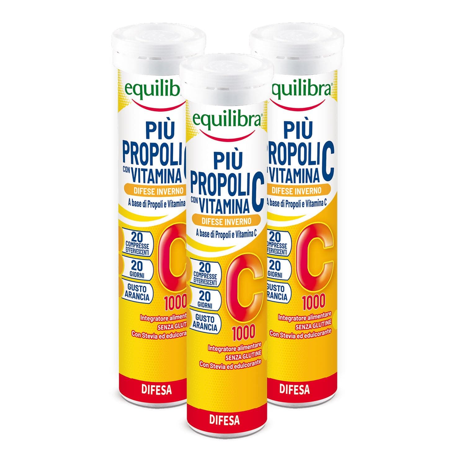 Equilibra Integratori Alimentari, Più Propoli con Vitamina C, Integratore per la Normale Funzione del Sistema Immunitario, Propoli e Vitamina C, Gusto Arancia, 3 Pezzi da 20 Compresse Effervescenti