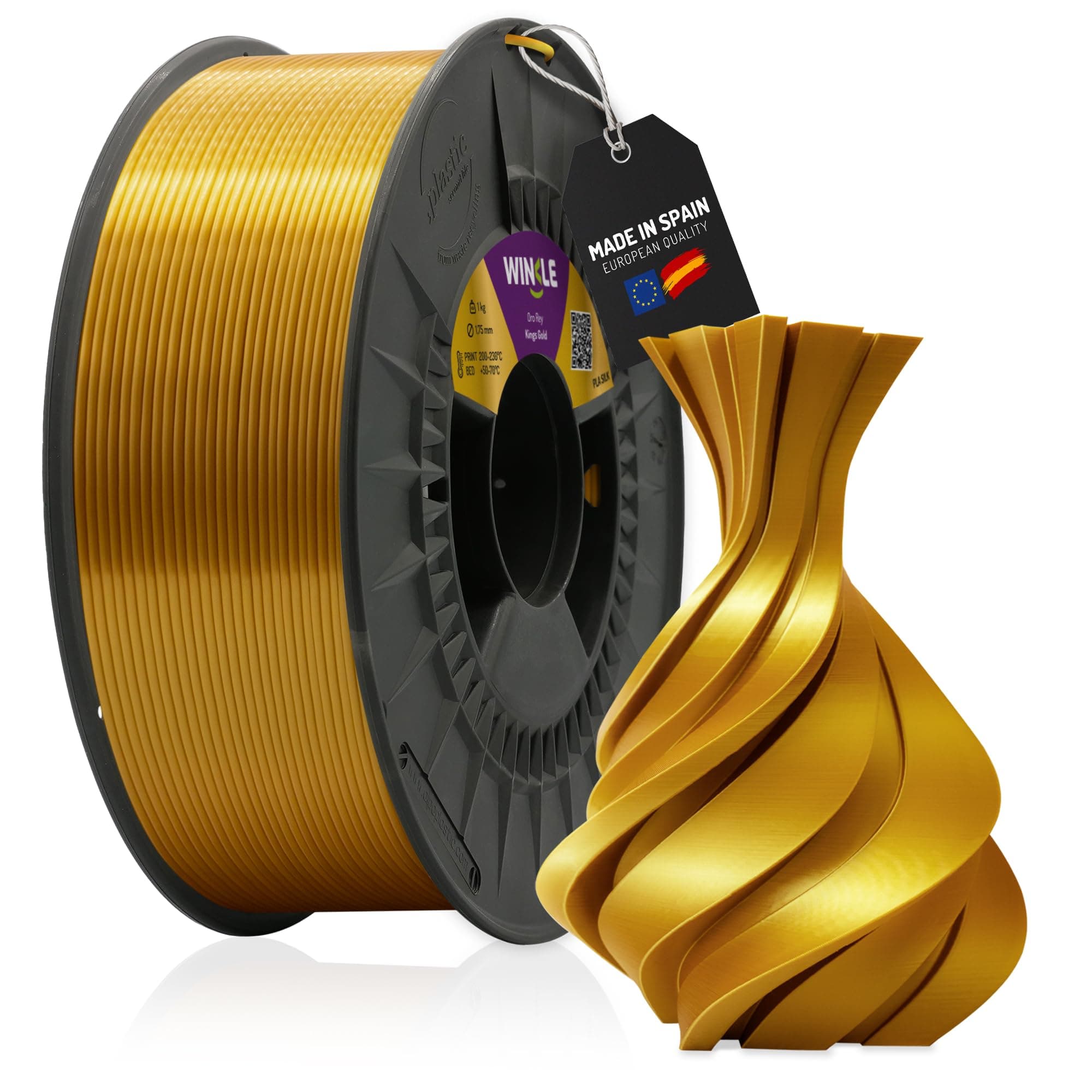 WINKLE Filamento PLA Silk (Seda) Oro Rey | Filamento Impresora 3D | Filamento PLA 1,75mm 1kg | PLA Oro | Acabado Suave y Sedoso | Precisión Dimensional | Bobina 1kg
