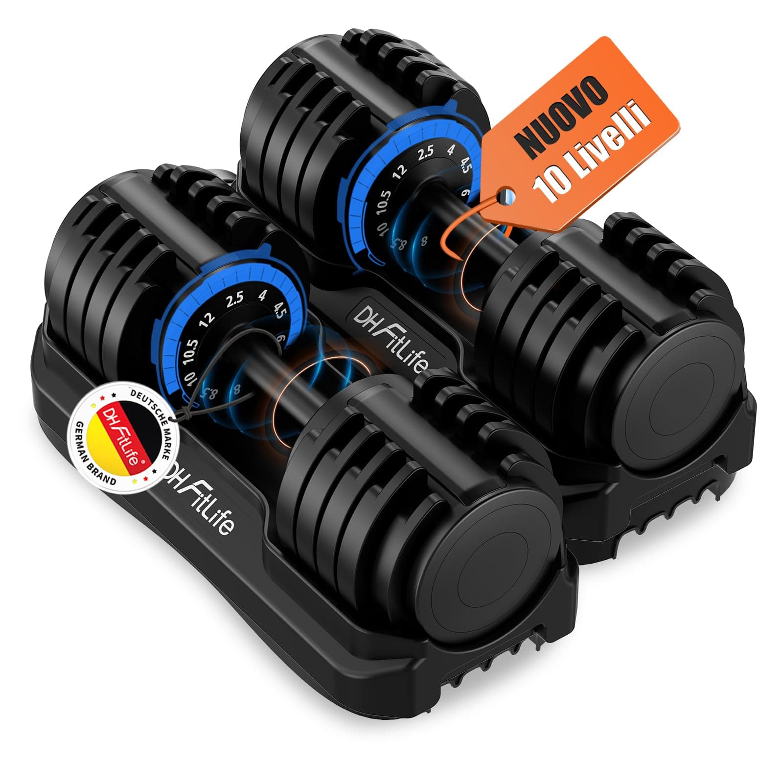 DH FitLife 12kg/25kg Manubri Regolabili, Set Manubri Componibili con 10 Pesi in 1, Manubri Regolabili Salvaspazio per Allenamento a Casa