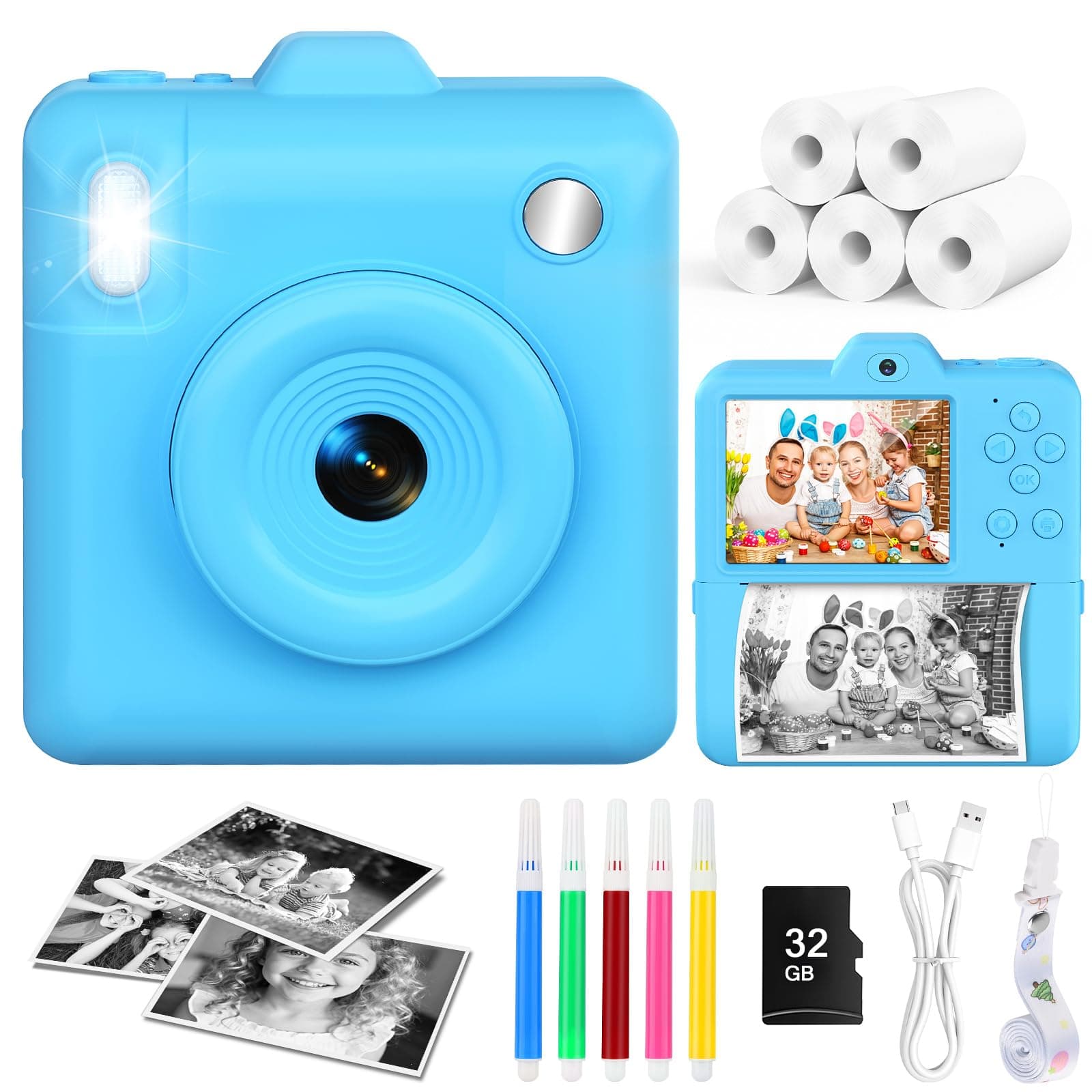 UIONVO Camara Fotos Infantil Instantanea,1080P Camara Fotos Infantil con Tarjeta de 32GB y Papel de Impresión Cámara Instantánea Cumpleaños para Niños y Niñas de 3 a 12 Años,Azul