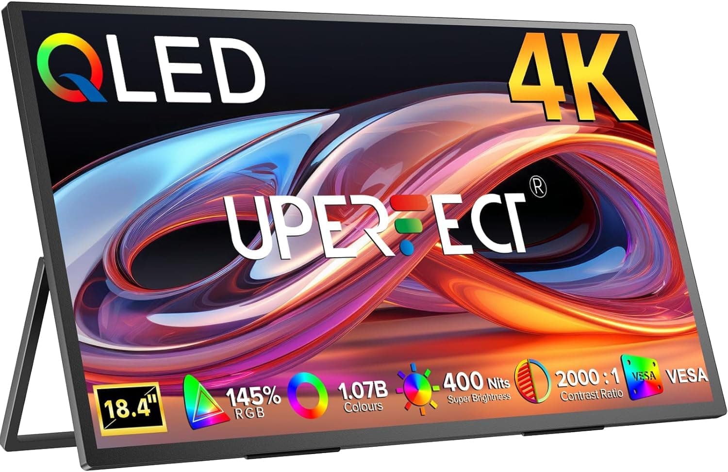 UPERFECT 18 Pulgadas 4K Monitor Portátil con Mate Eye-Care QLED Display UHD 3840 * 2160 Soporte Integrado USB C Mini HDMI para Laptop PC Smartphone Switch Xbo PS-4/5, Pantalla Móvil Montaje VESA