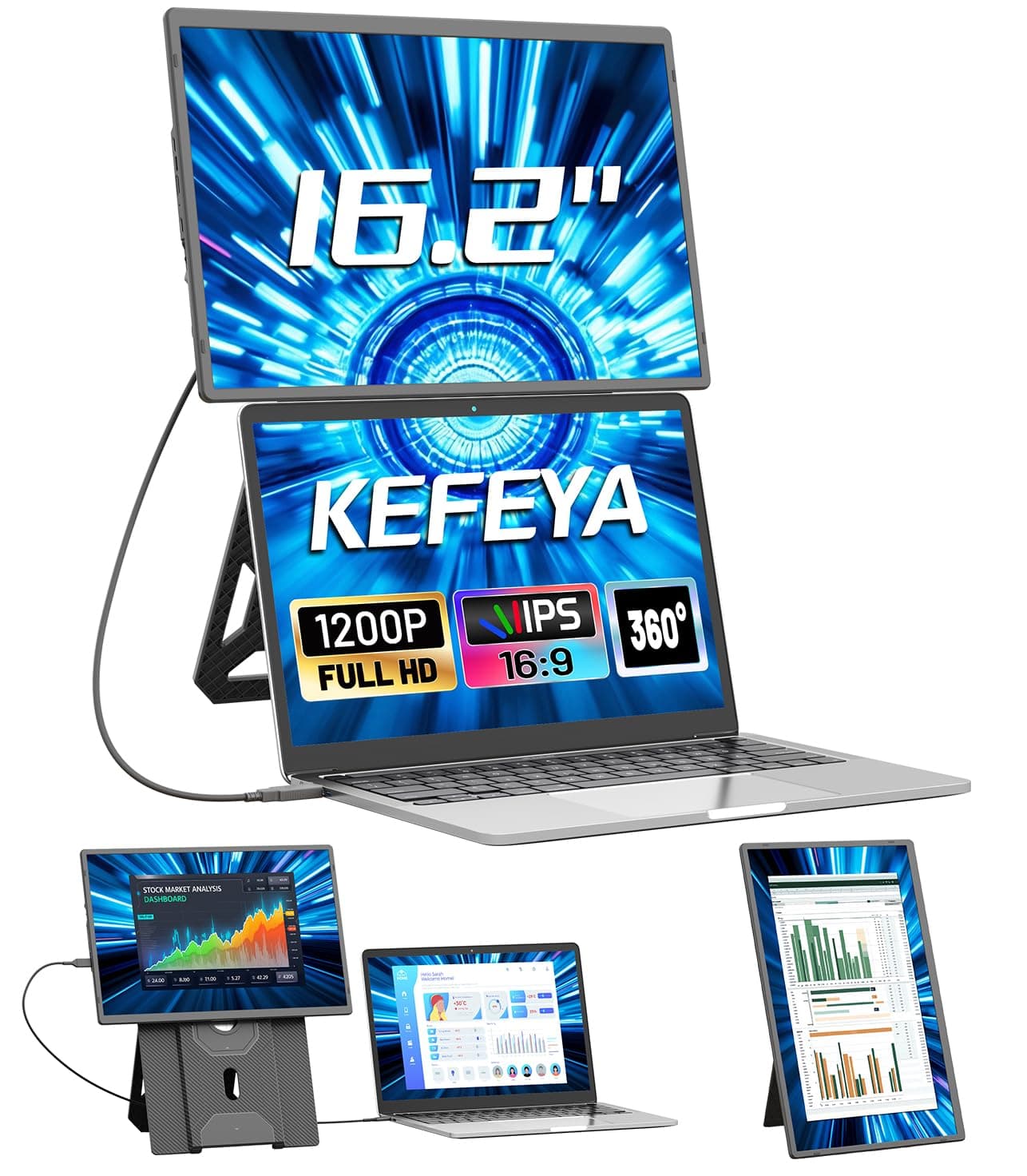 KEFEYA Monitor Portátil, 16.2" FHD 1200P Extensión de Pantalla para Portátiles, Monitor con Soporte Magnético Giratorio 360°, Monitor Viaje Todos los Portátiles, Plug & Play Windows/Mac/Chrome/Xbox/PC