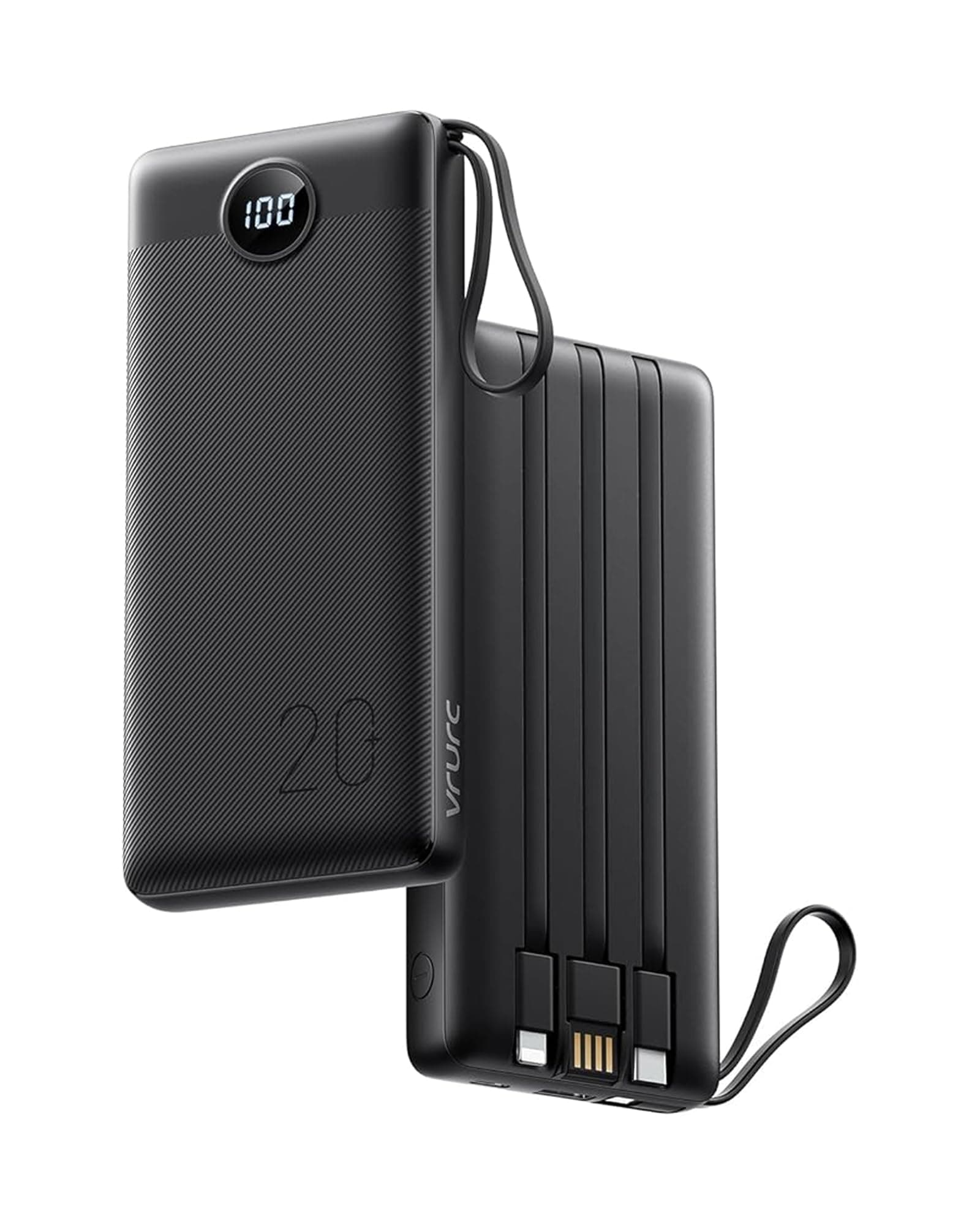 VRURC Power Bank 20000mAh USB C con cavi integrati,caricatore portatile 22.5W QC 3.0 & PD Carica Rapida. LED display powerbank con 4 Uscite & 2 Ingressi per iPhone Samsung Huawei Xiaomi Switch