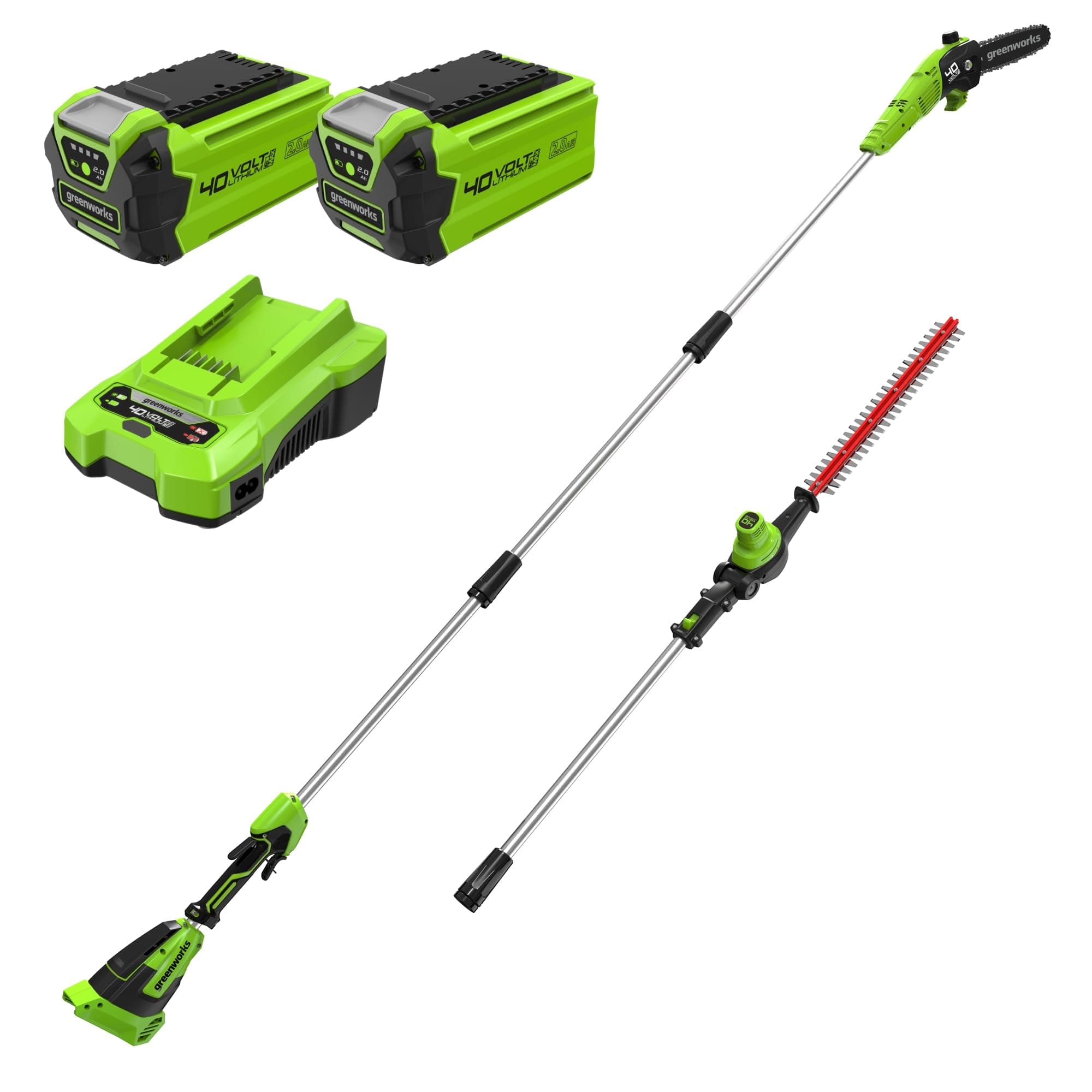 Greenworks 40V Scie à perche et taille-haie sans fil 2-en-1, moteur sans balais de 30 cm, lame à double action de 51 cm, batterie * 2 et chargeur GD40PSHK2x