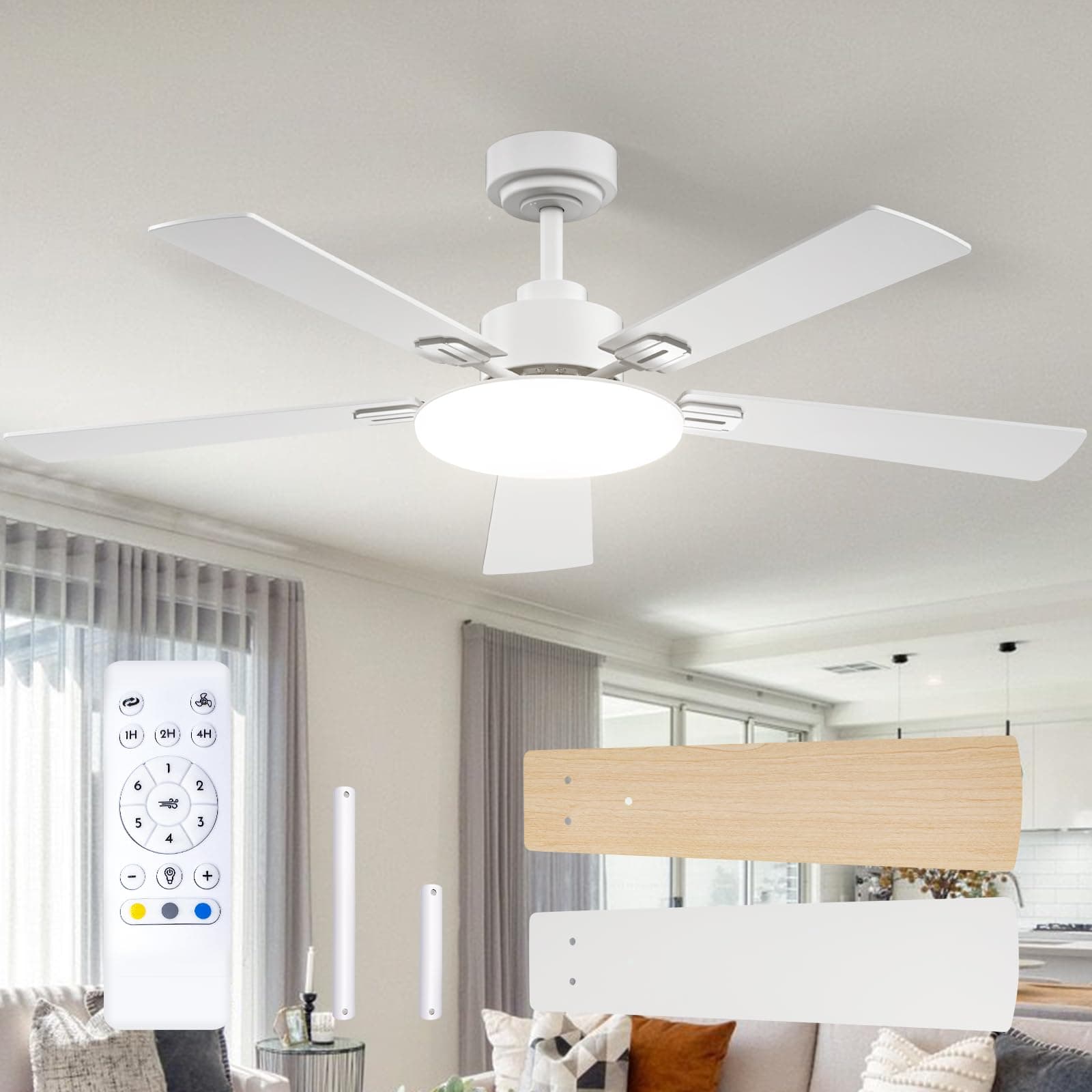 Passky Ventilador de Techo con Luz Silencioso 132cm | Mando a Distancia | Motor DC | 3 Luces Regulables | Modo Verano-Invierno | 6 Velocidades | Temporizador | Interior/Exterior | Blanco