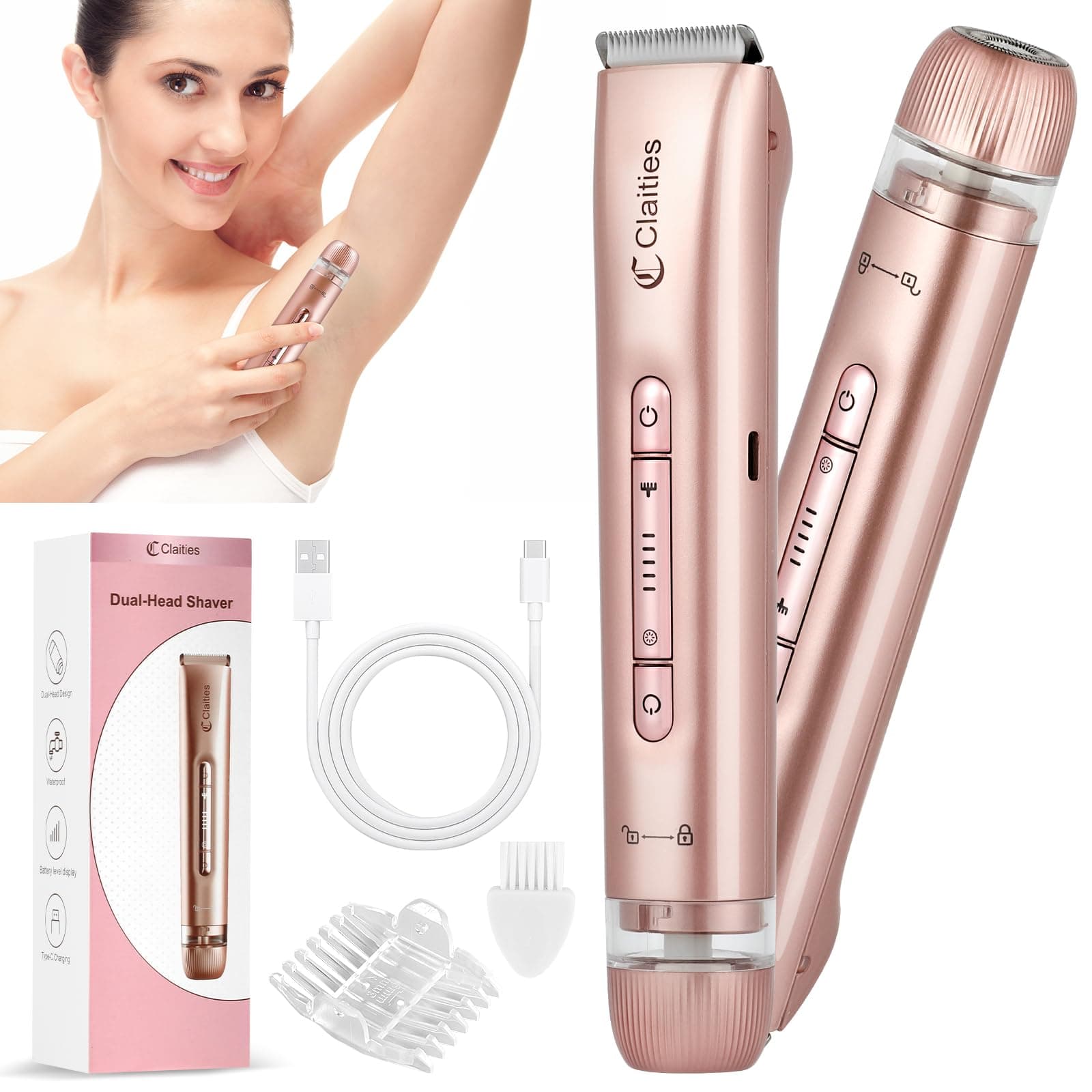 Afeitadora eléctrica 2 en 1 para mujer, recortadora de bikini de doble cabeza para mujer, IPX7, impermeable, uso húmedo y seco, recortadora de vello corporal y removedor de vello facial para bikini