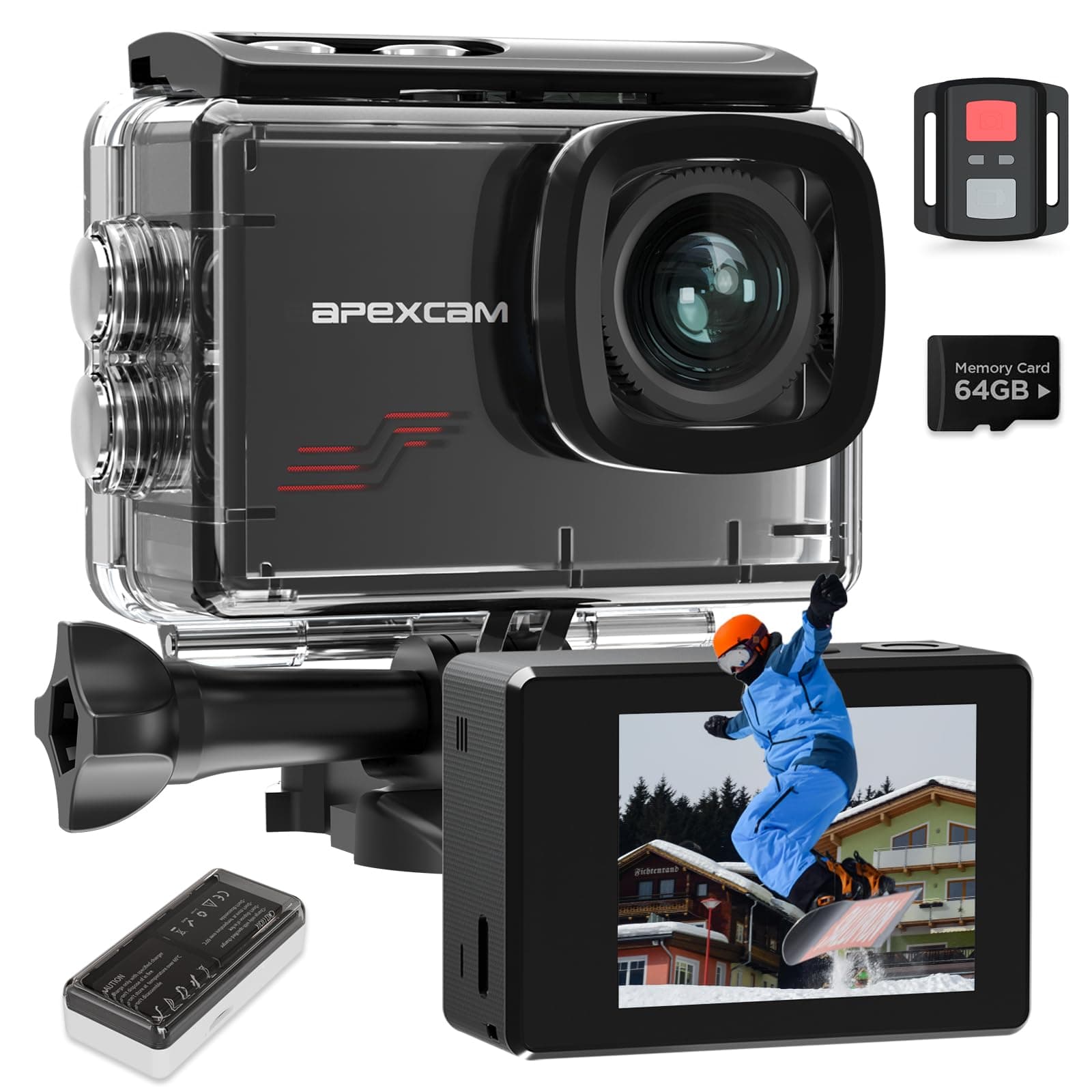 Apexcam M80 4K60FPS Cámara Deportiva EIS con 64G Tarjeta 48MP Cámara de Acción Cámara Subacuática Impermeable 40M con 8X Zoom y Pre-grabación 2 * 1350 Baterías Kit Accesorios
