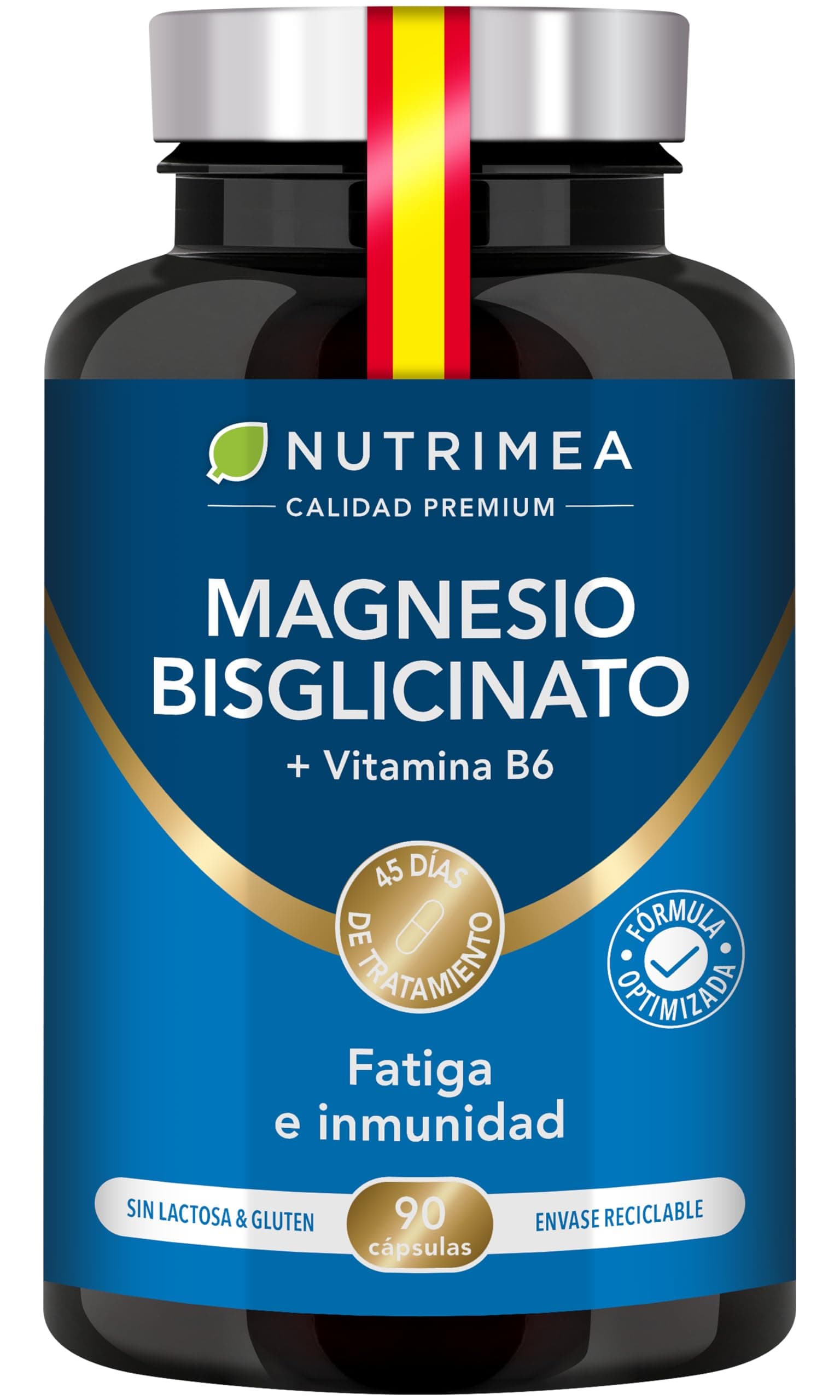Magnesio Bisglicinato + Vitamina B6 Activa - Máxima Absorción y Tolerancia - Estrés, Fatiga y Calambres - Apoyo Muscular y Nervioso - Vegano, Sin Gluten ni Lactosa - 90 Cápsulas - Nutrimea