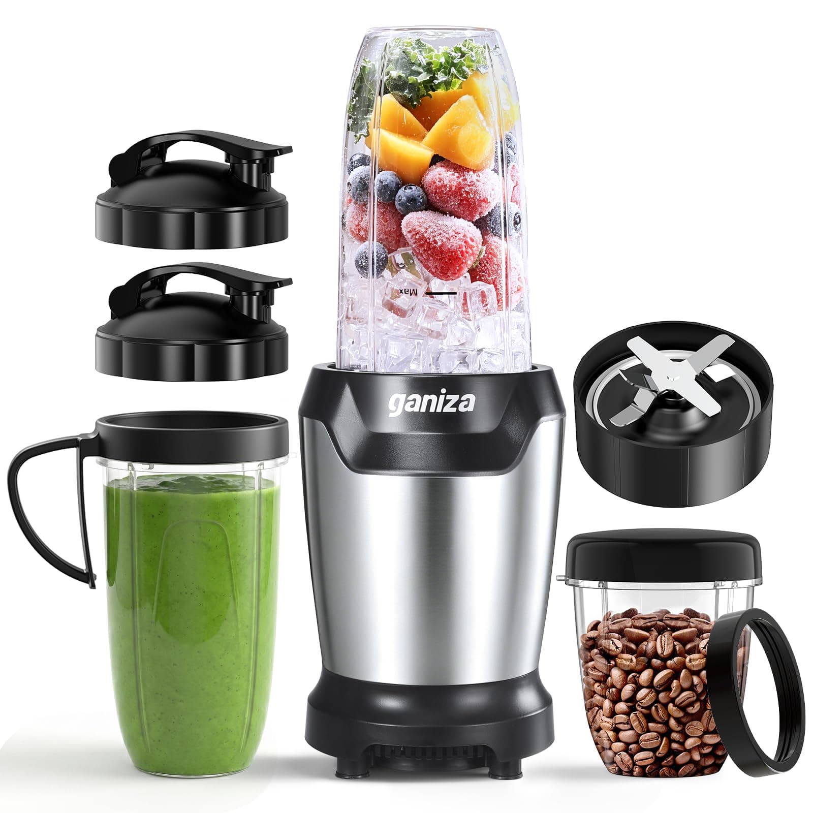 Ganiza Blender 1300W, Mixeur Blender avec 3 Gourdes Portables (2×1.1L & 1×660ML), 6 Lames Inox Durables, Sans BPA, Facile à Nettoyer, Mixeur Électrique pour Milkshakes, Smoothies