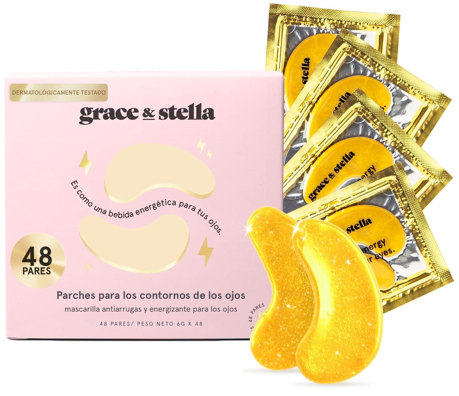Grace and Stella Parches Ojos Bolsas y Ojeras para Reducir Ojeras, Bolsas, Arrugas - Parches Ojos de Gel, Cuidado Personal Vegano No Testado en Animales [48 Pares, Oro]