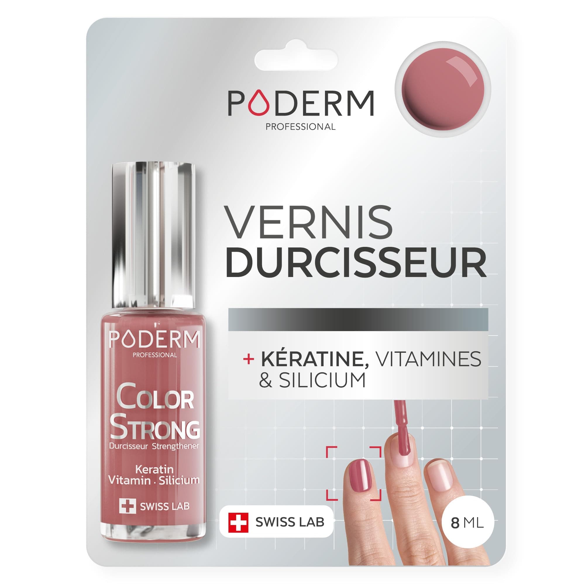 PODERM Vernis Durcisseur Ongles – Biotine, Silicium, Kératine | Répare & Fortifie les Ongles Abîmés, Fragilisés, Cassants par Vernis Semi-permanent & Vieillissement | Swiss Made - CS Bois de rose