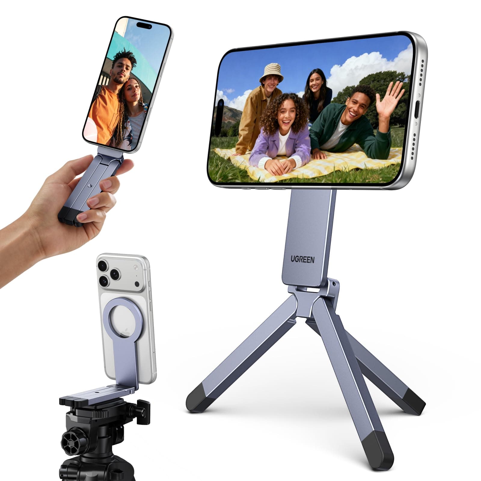 UGREEN Magnetisches Handy Stativ, Aluminium Magsafe Stativ, Enthält eine 1/4"-20-Schraube, Multifunktionaler Tragbarer Selfie-Stick Kompatibel mit iPhone 17 16 15 14 13 12 Sumsung und Magsafe Hülle