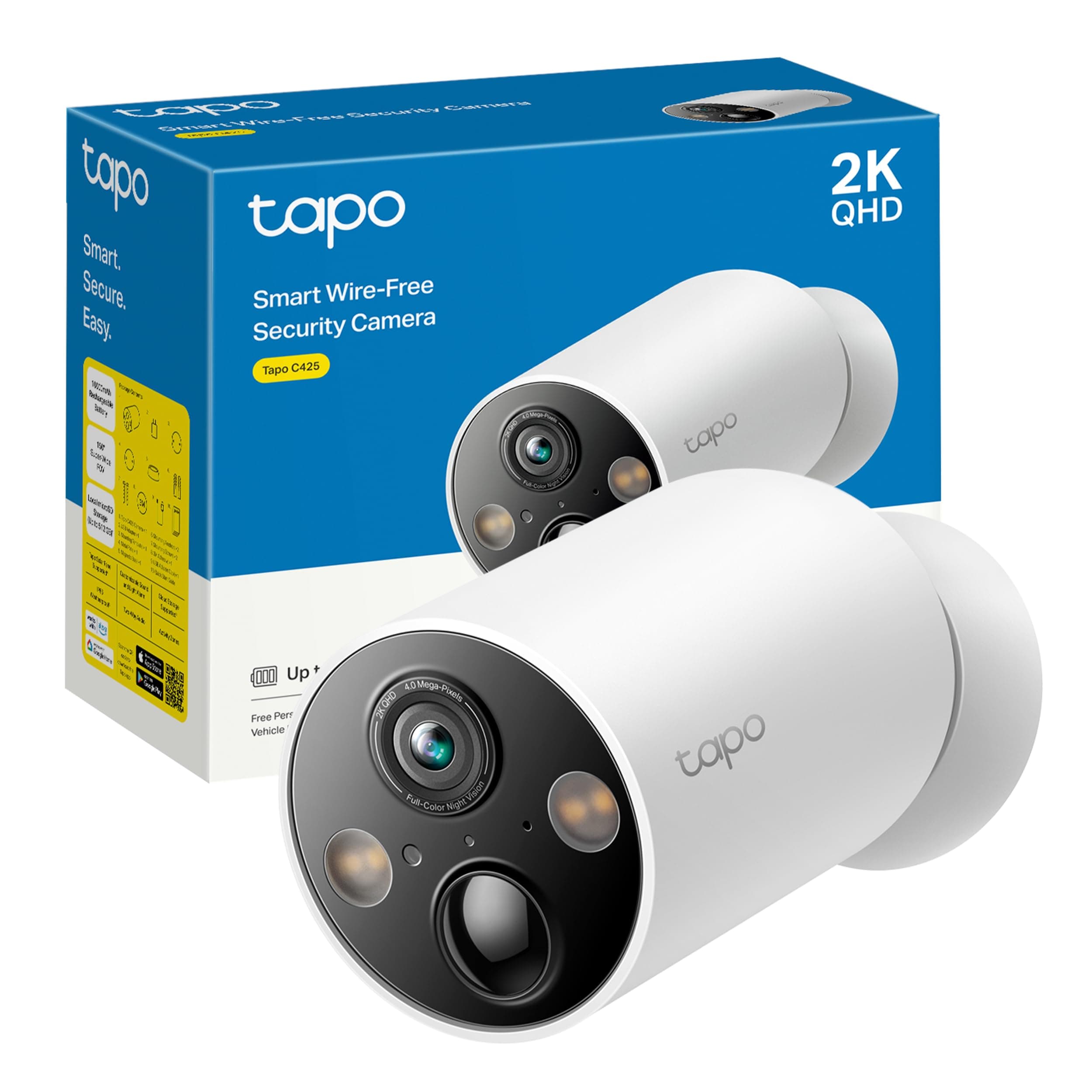 Tapo [2024 Nuevo] C425 - Cámara Wi-Fi de Batería para Exterior/Interior, 2K QHD, 10000mAh, IA Mejorada, Visión Nocturna a Color, Base Magnética, No Requiere Hub, Compatible con Panel Solar