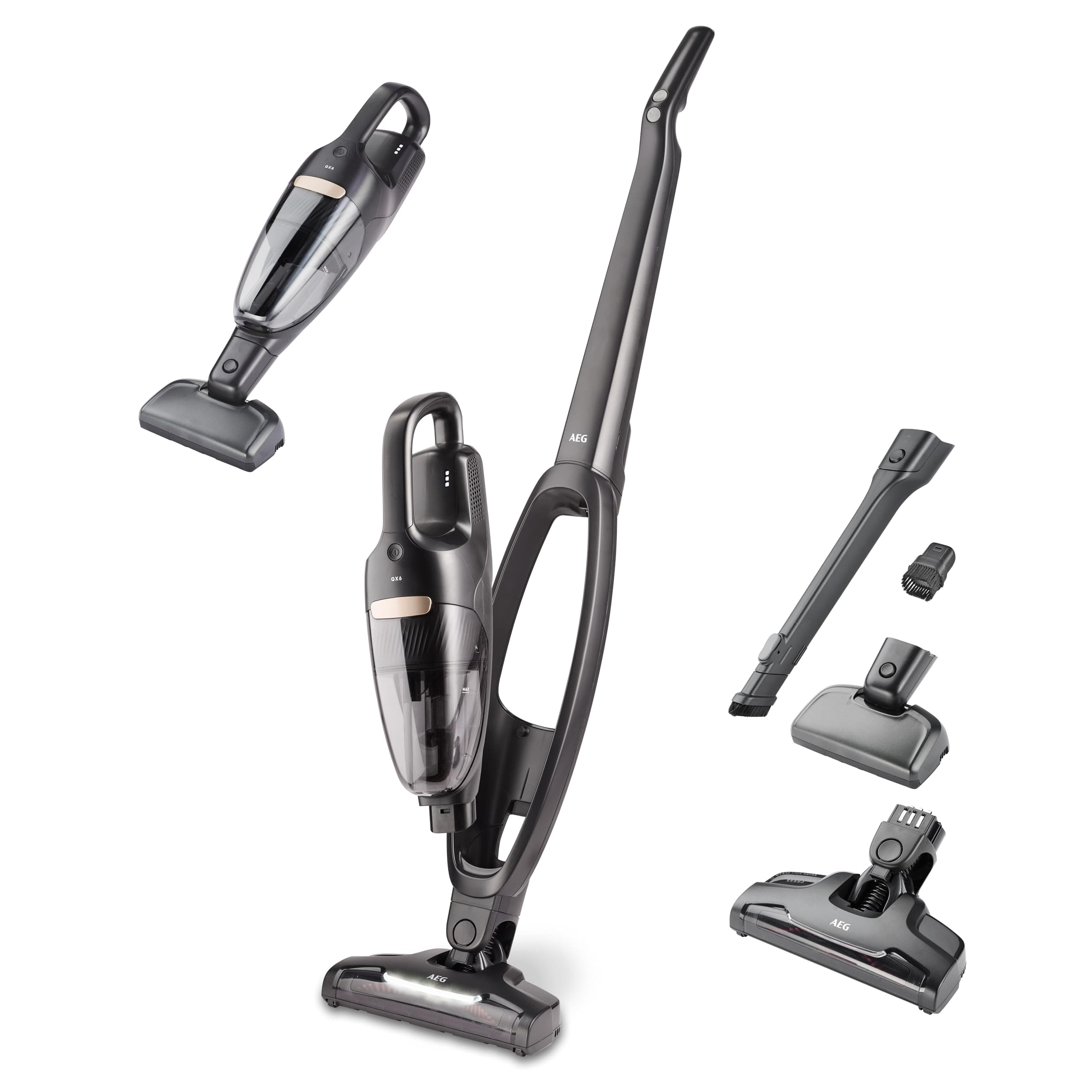 AEG QX6-1-45AN Akku Staubsauger kabellos/Staubsauger beutellos/leise/Handstaubsauger akku / 45 min Laufzeit/leicht/Hartboden / 2in1 / Tierhaare/Hund/Katze/Teppich/Auto/grau