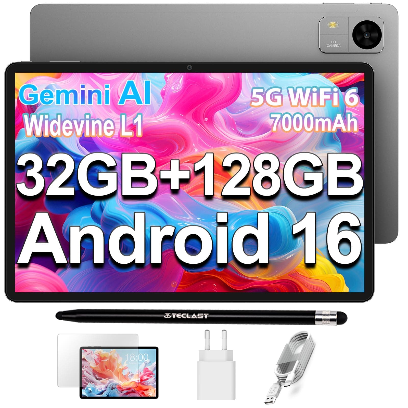 TECLAST M50T Android 16 Tablet 10.1 Pollici Gemini AI, 2GHz Octa-Core, 32GB RAM+128GB ROM+5TB TF, 7000mAh, 2.4G+5G WiFi, GMS Widevine L1, Bluetooth 5.4, 13MP, Face ID/3.5MM/OTG, 2026 Tablets con Penna
