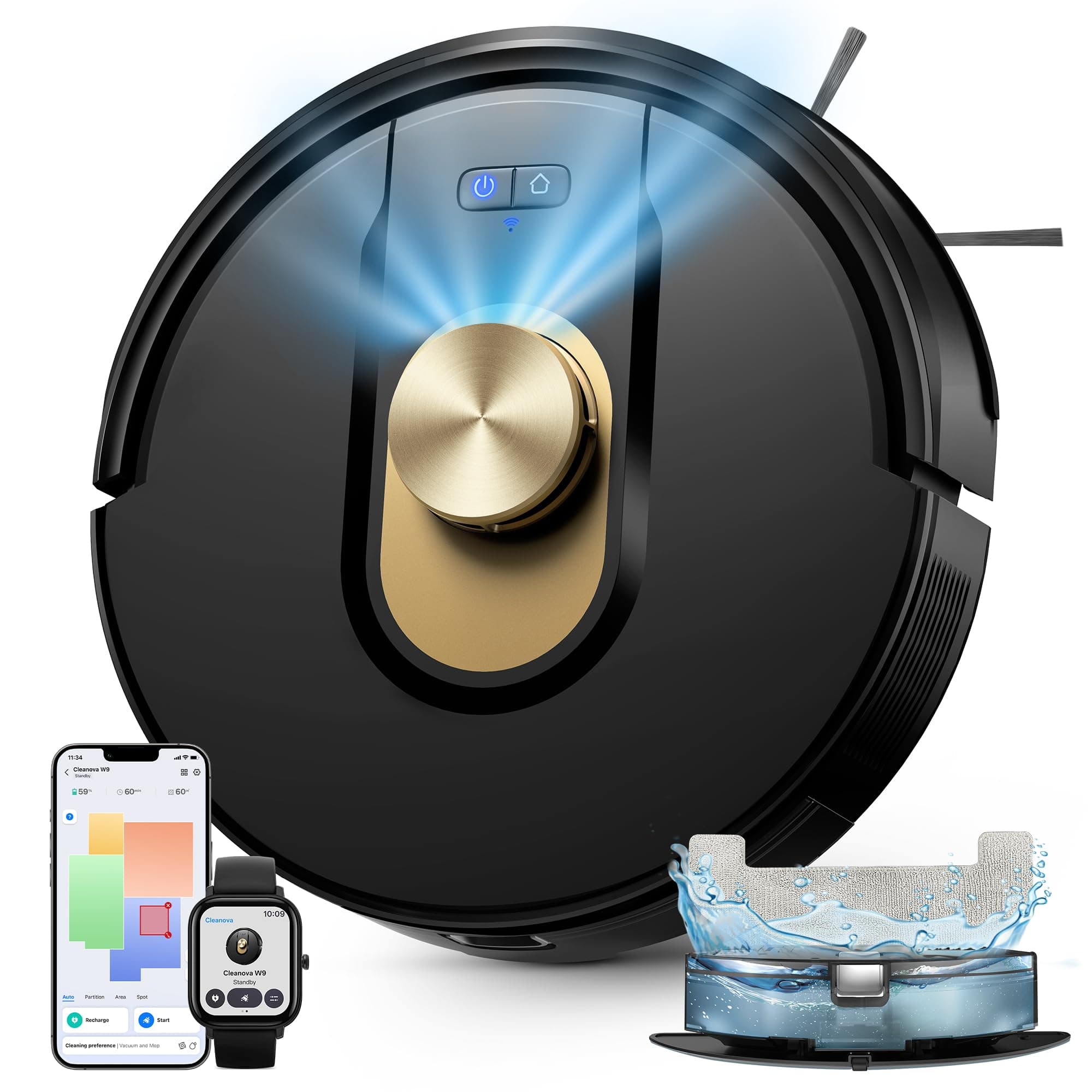 Vexilar W9 Robot Aspirador y Fregasuelos 8000Pa, Robot Aspirador con Navegación Láser, 5 Mapa Inteligente, Larga Autonomía, Adecuado para Suelo, Alfombras de Pelo Corto, Pelo de Mascotas