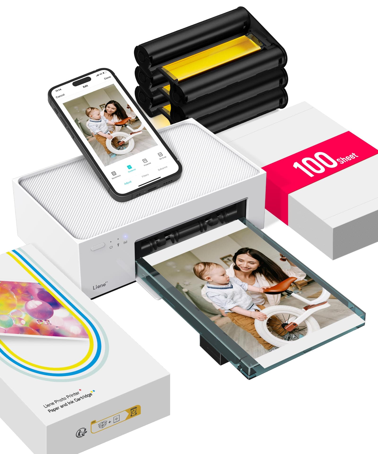 Liene Amber M100 Impresora Fotográfica(10x15cm) + Pack con 100 Hojas, WiFi Impresora de Fotos Instantánea para PC/iPhone/Android, Impresión a Sublimación, 300DPI, Impresora Móvil Doméstica