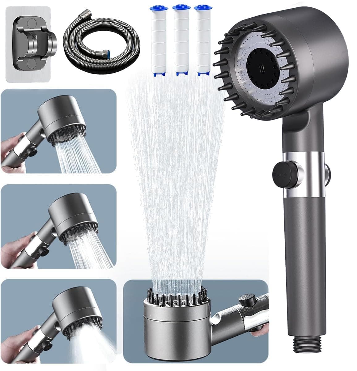 Alcachofa de ducha con filtro,Alcachofa Ducha Antical con Manguera de 1.5M,4 Modos de Rociado Cabezal de Ducha de Alta Presión, Cabezal Ducha que Ahorra Agua para agua dura -Gris
