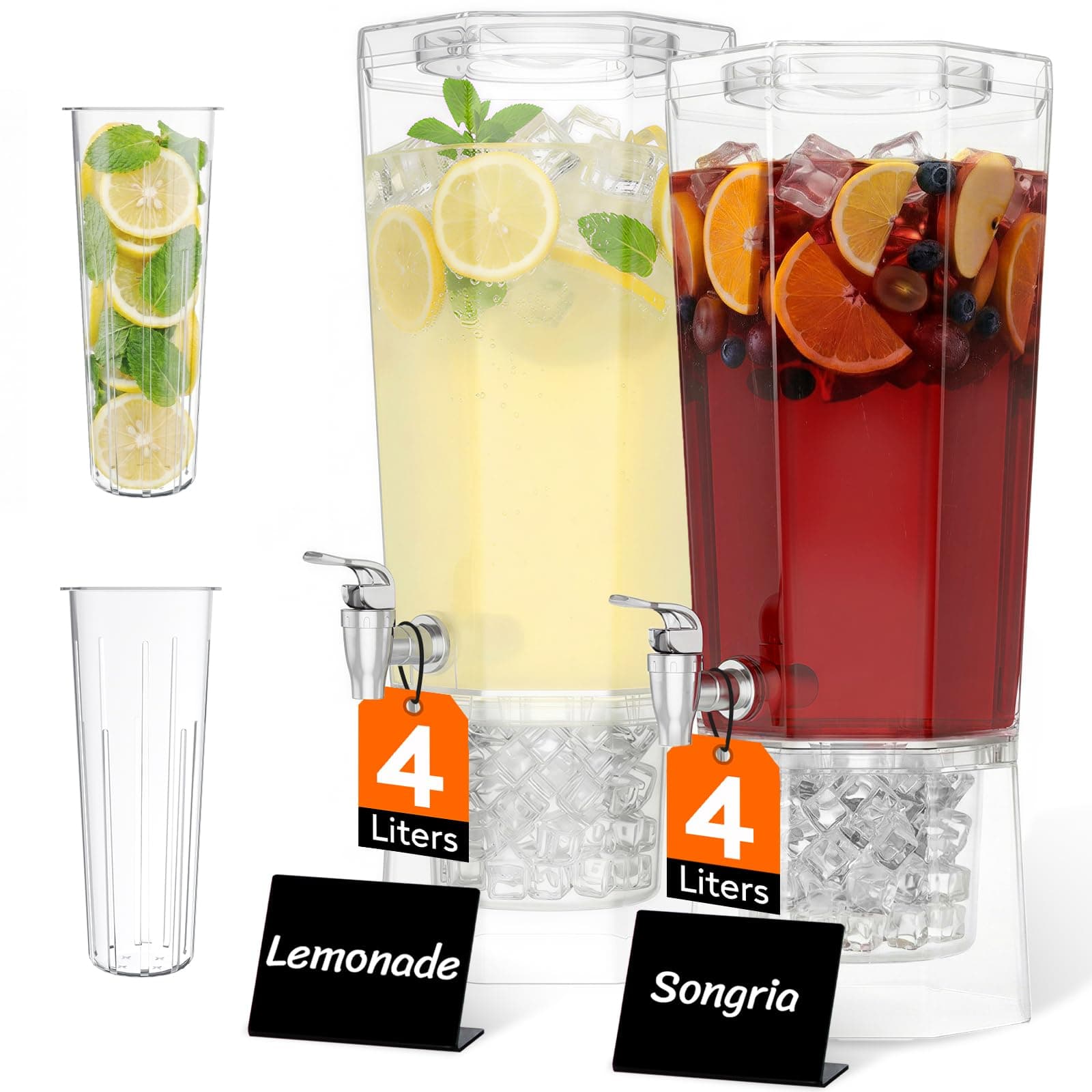 Lifewit 4L Dispenser Bevande con Rubinetto, Set di 2 (in 1 Confezione) Dispenser Acqua in Plastica Con Filtro, Contenitore Distributore Bevande Ghiacciati per Cocktail, Succhi, Limonata e Tè