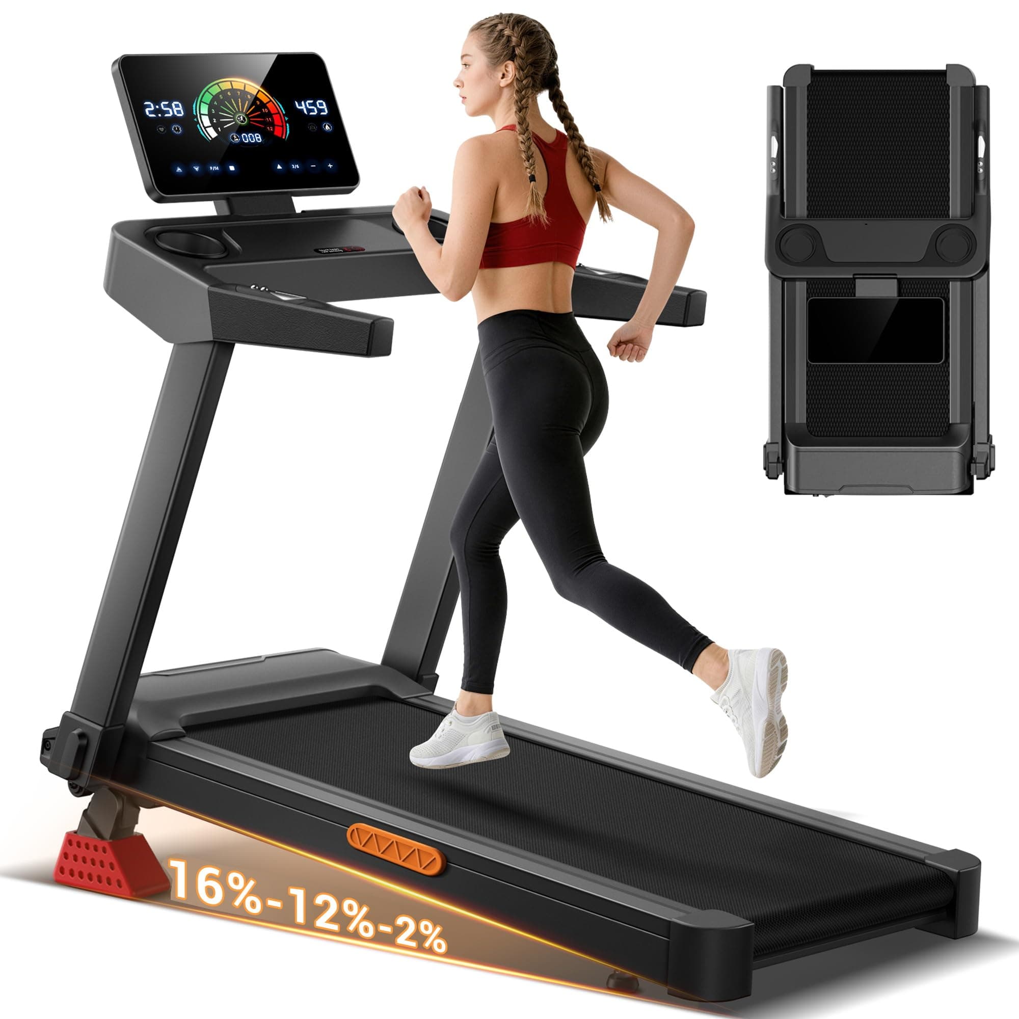 LONTEK Tapis de Course Pliable Inclinable 16%, 14KM/H Tapis de Marche avec Surveillance de Fréquence Cardiaque, Treadmill Home avec Moteur 3,5CV et Affichage LED, Charge Max 180KG, pour la Maison