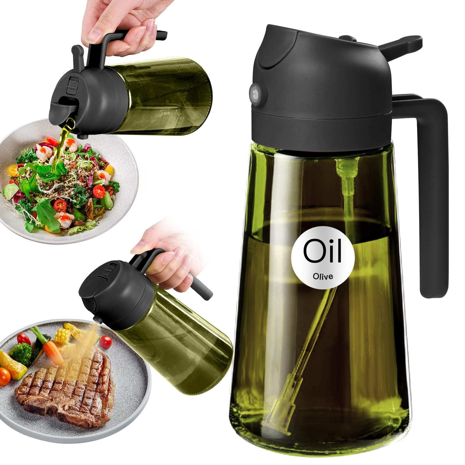 YARRAMATE Dispensador de Aceite de Oliva Juego con Scuro Protezione Dalla Luce, 470ml 2 en 1 Spray de Cocina, Verde Pulverizador de Aceite de Calidad Alimentaria (Negro)