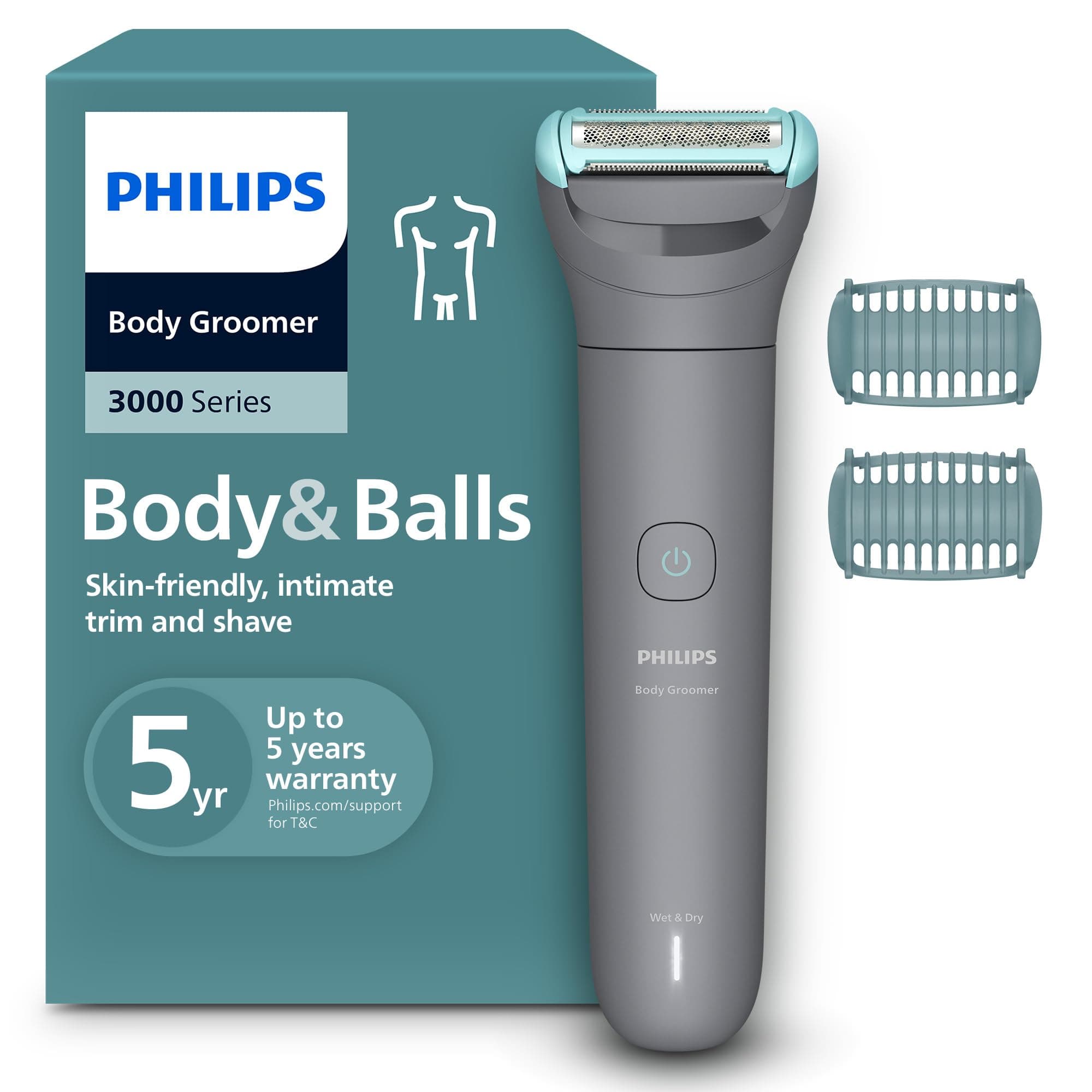 Philips Bodygroom series 3000 - Rifinitore per uomo tripla protezione, Rifinitura e rasatura intima, Preciso e confortevole sulla pelle, Impermeabile al 100%, 80 minuti di autonomia, Modello BG3480/15