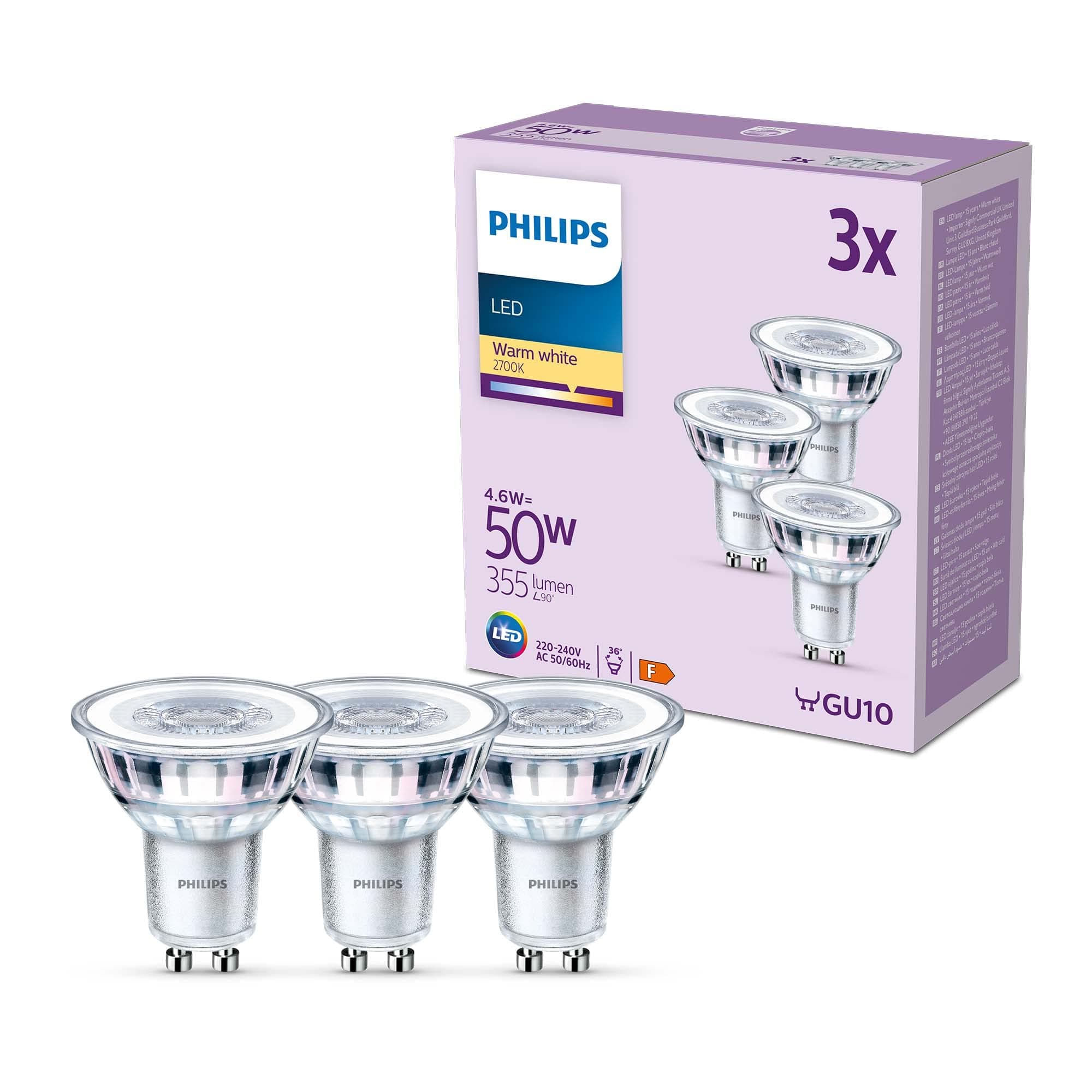 Philips - Bombilla tipo foco 4.6W (Eq. 50W) 355 lúmenes, casquillo GU10, Luz Blanca Cálida (2700k) - Pack 3 Bombillas
