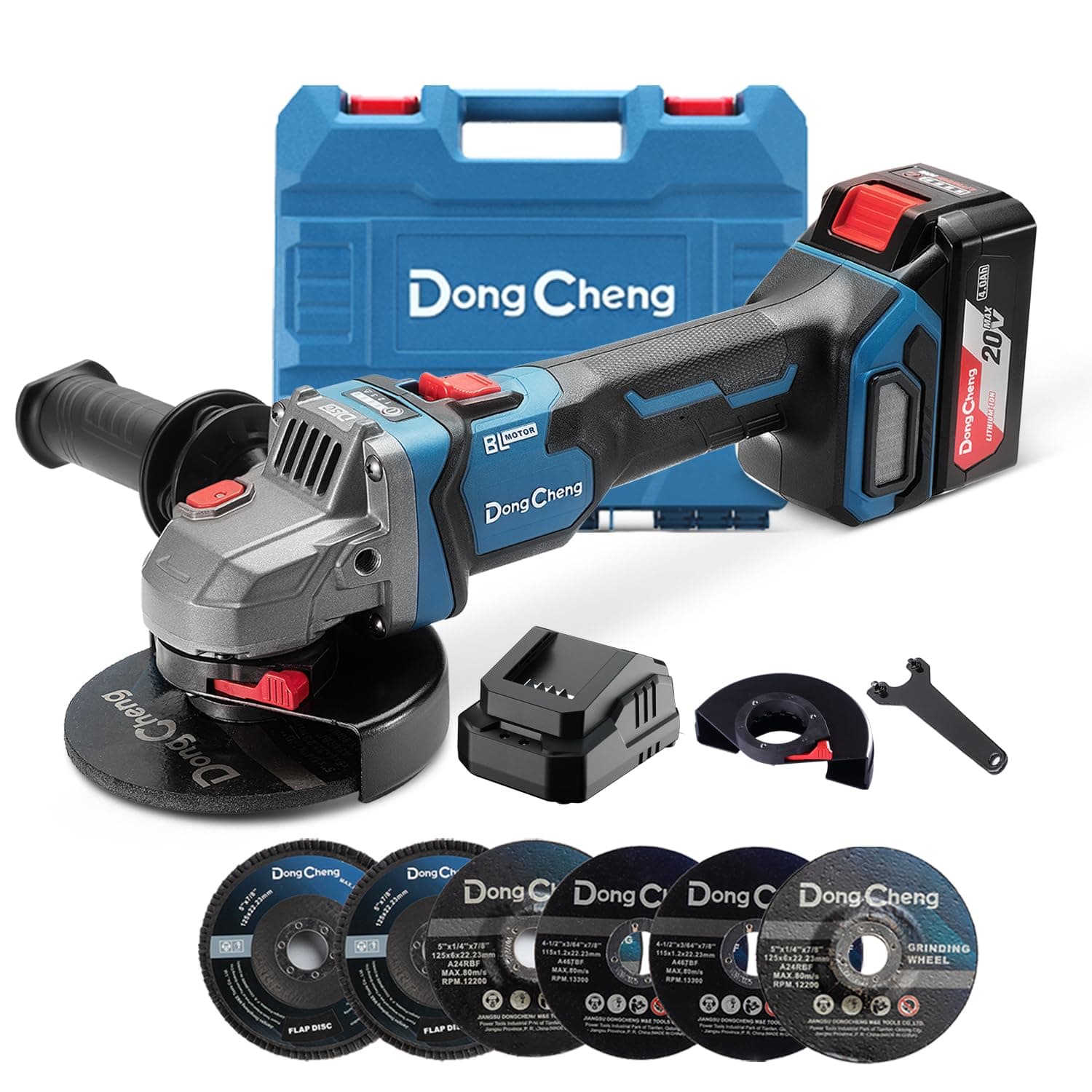 DongCheng Amoladora angular a batería 18V, Ø 125 mm, 1000W, Motor Sin Escobillas, 3 Velocidades, Bloqueo de Spindle Rápido, Mango Anti-Vibración, Incluye 6 Discos, Batería 4.0Ah & Cargador
