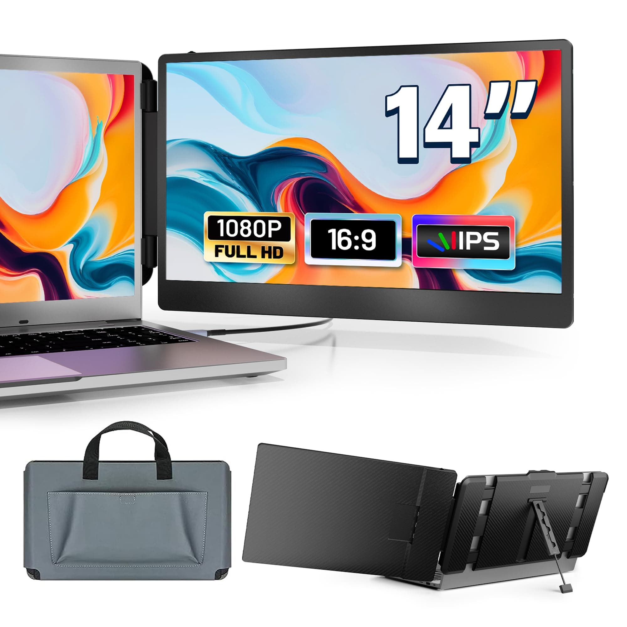 domyfan Monitor Portátil,14" FHD 1080P Extensor de Pantalla para Portátil, HDMI/USB-A/Type-C Plug and Play Funciona con 13 "-17" Windows, Mac,Chrome,Xbox, Switch, PS5
