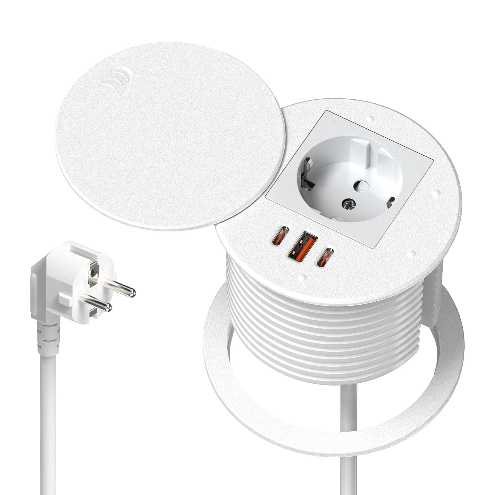 Enchufe Empotrable con USB-C PD 35W y USB-A 30W, Regleta de Escritorio Sewingvr con Tapa, Enchufe Retráctil con 3 Puertos USB, Cable 1,8 m, Color Blanco