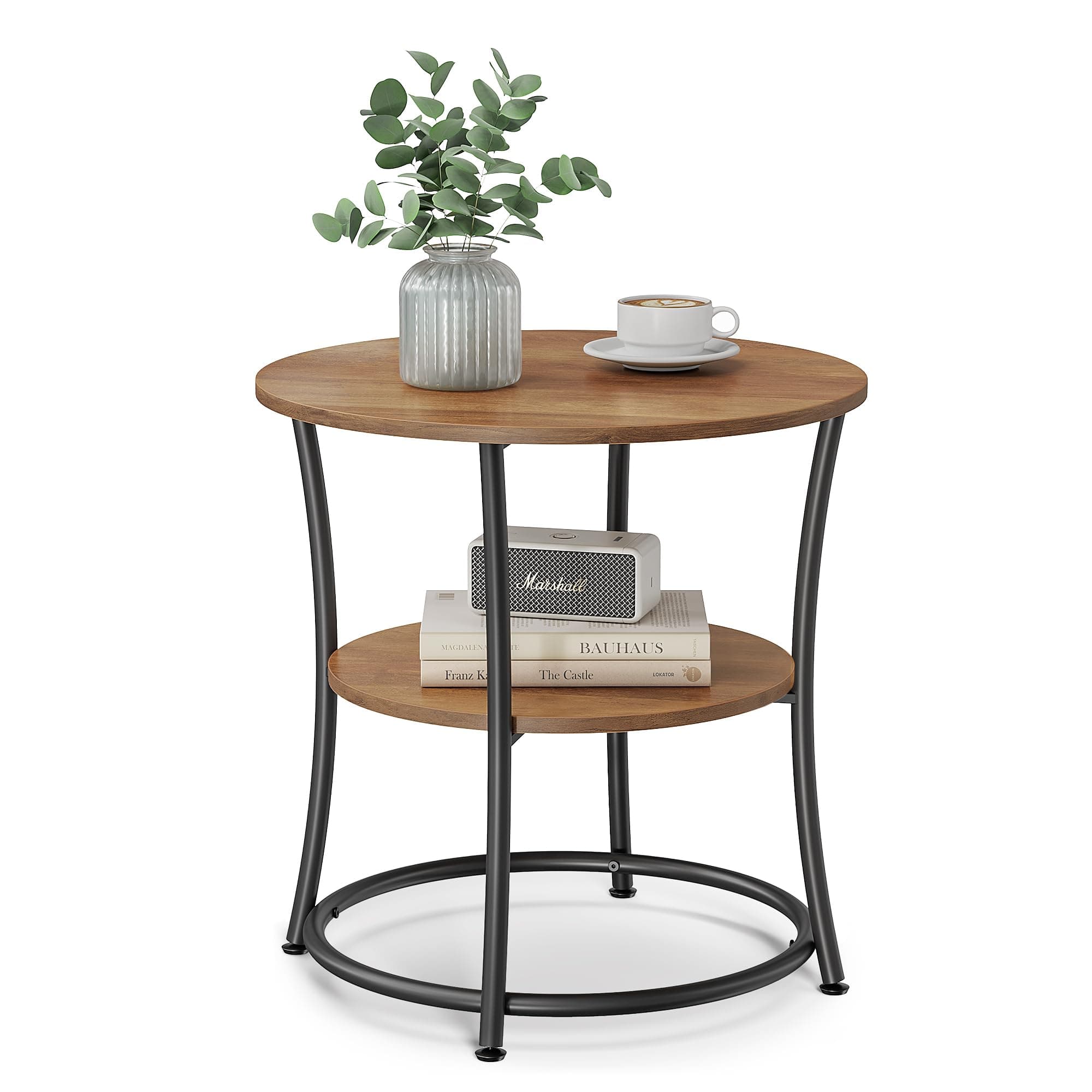 VASAGLE Beistelltisch rund, 2-stufiger Couchtisch, Konsolentisch, Stahlrahmen, für kleine Räume, Wohnzimmer, Schlafzimmer, walnussbraun-tintenschwarz LET056B41