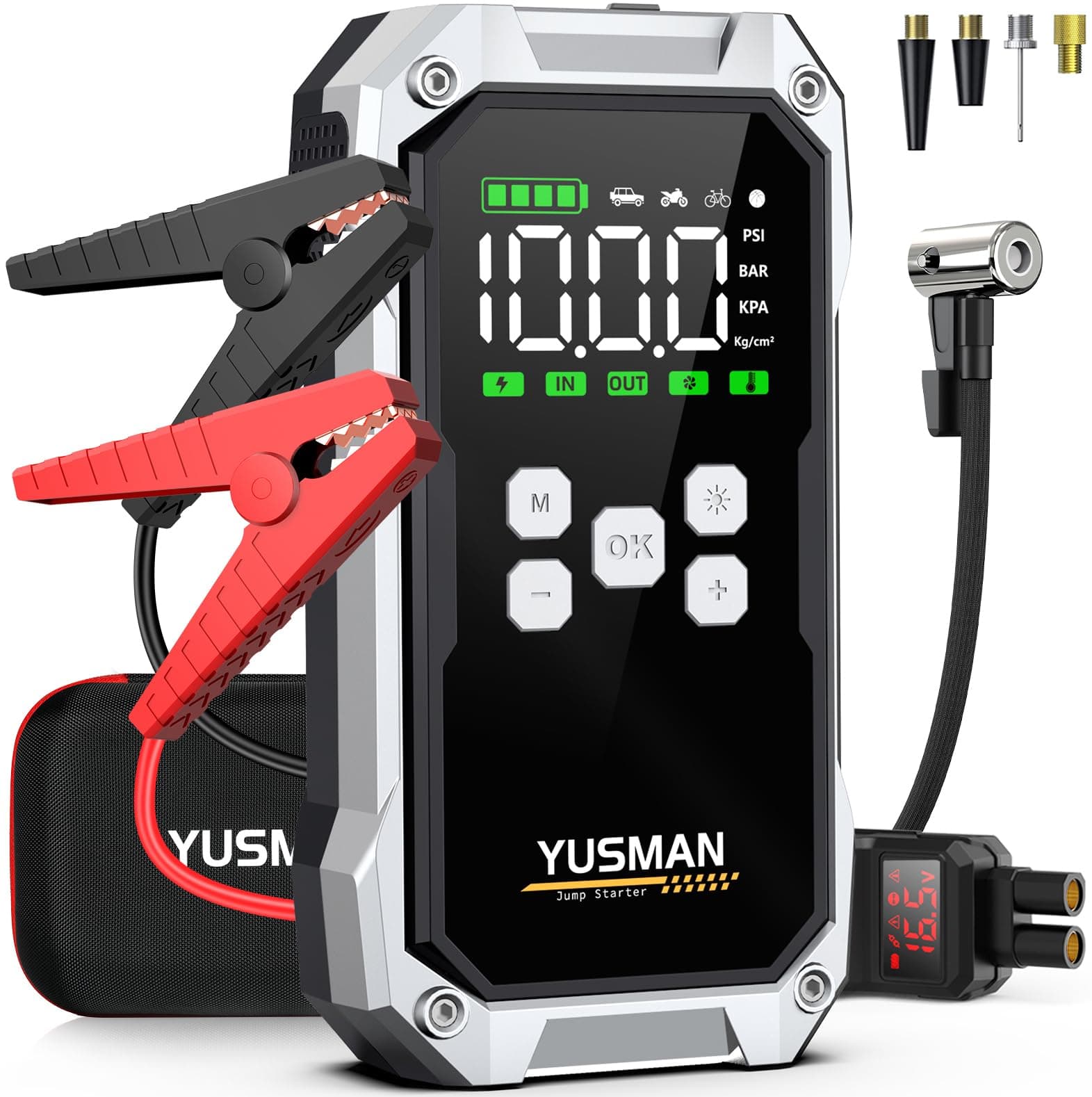YUSMAN Arrancador de Baterias de Coche con Compresor de Aire, 12V 8000A Arrancador Coche Portatil con Inflador de 160 PSI (para All Gasolina o 10L Diesel), Linterna LED de Emergencia