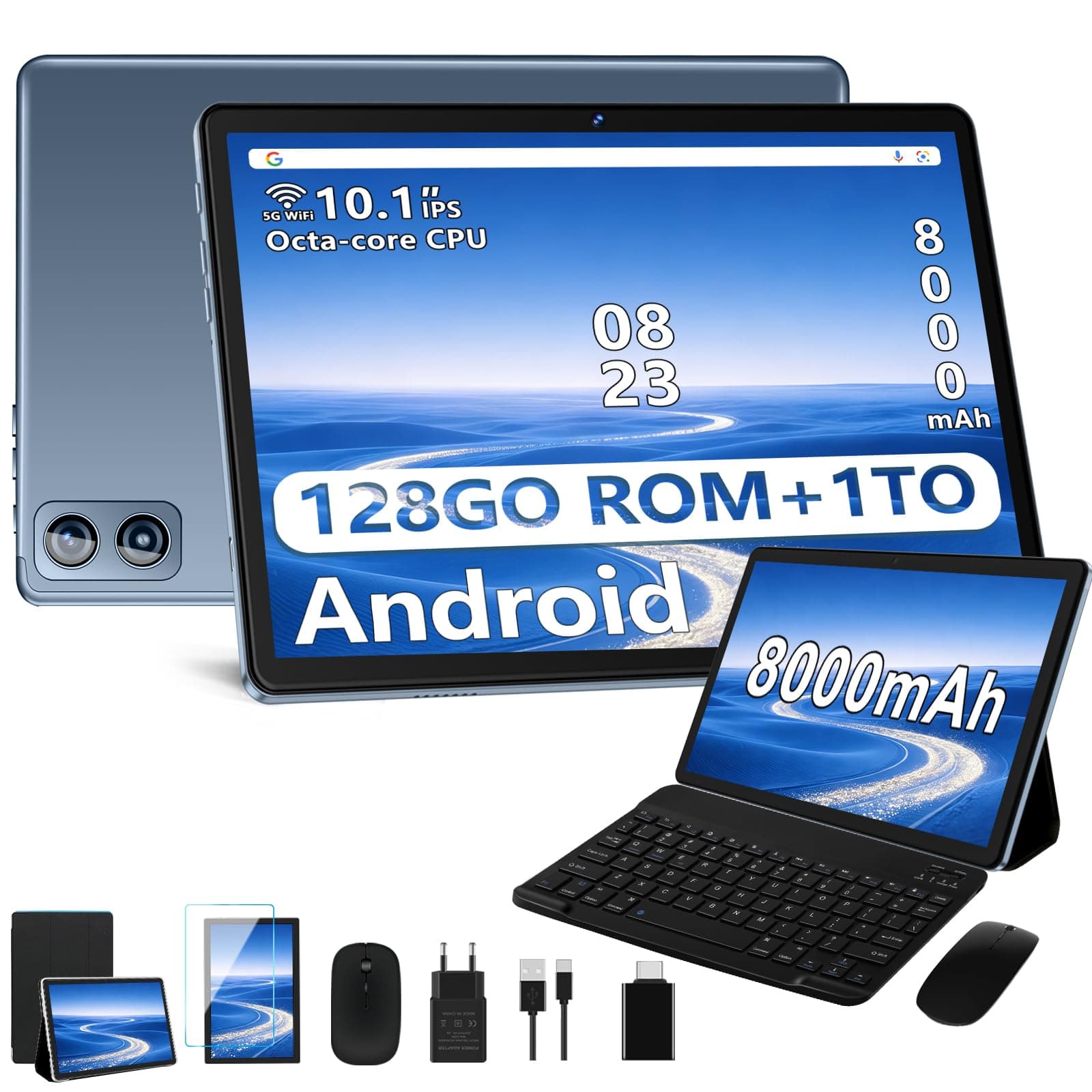 Dghrti Tablet 10 Pulgadas Android, 22GB RAM+128GB ROM (1TB TF), Octa-Core, 8000mAh, Widevine L1, Dual WiFi, BT 5.0, Face ID, 5MP+8MP, con Carcasa MetÃlica, Teclado y Ratón-Grey