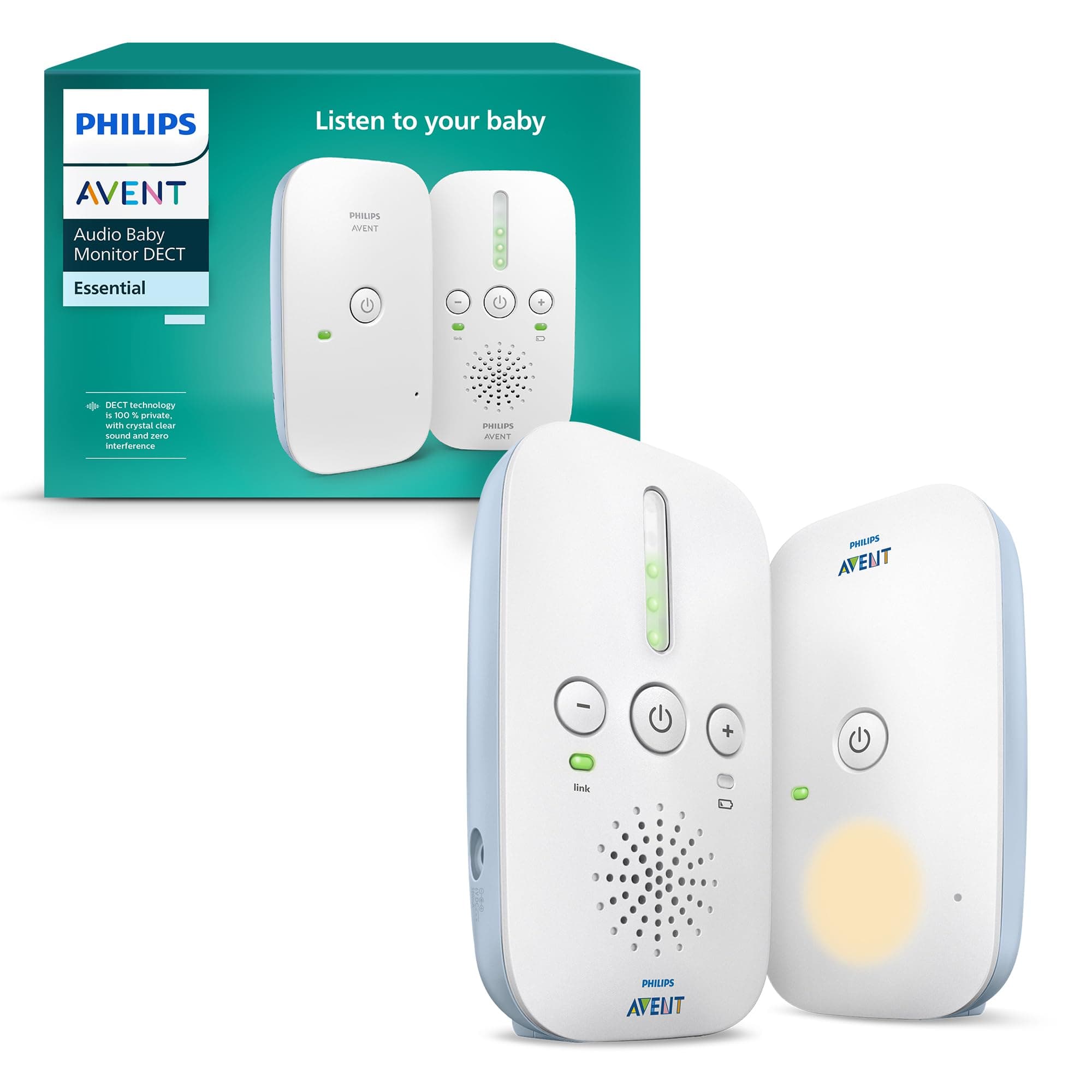 Philips AVENT DECT-Audio-Babyphone, Gegensprechfunktion, störungsfrei, 330 Meter Reichweite, 24 Stunden Akkulaufzeit, Smart ECO-Modus, Nachtlicht, SCD503/26