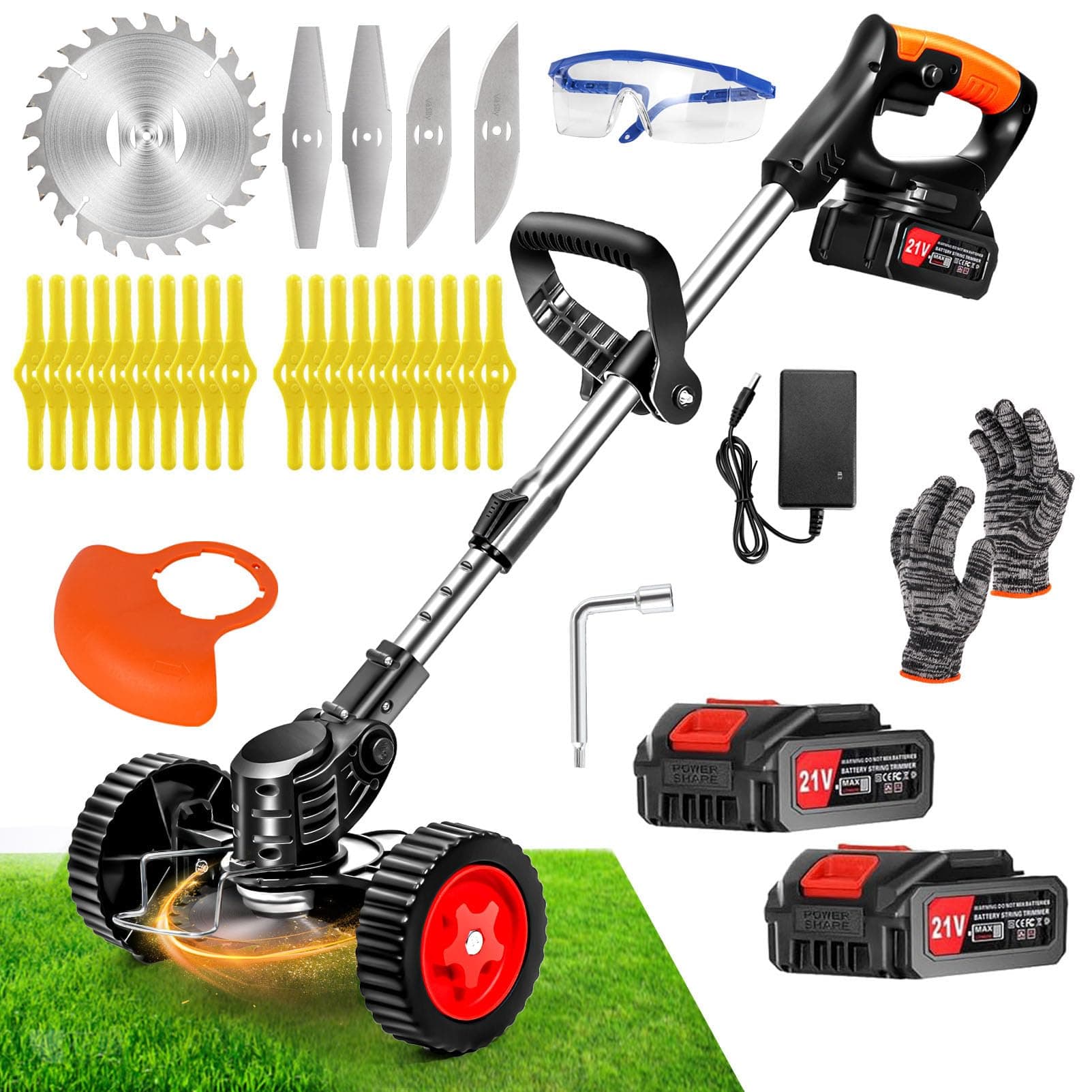 Debroussailleuse Electrique sans Fil 21V, Coupe Bordure sans Fil avec Batterie et 4 Types de Lames, Débroussailleuses Electrique Batterie pour la Coupe de Jardin, Pelouses et Terres Agricoles