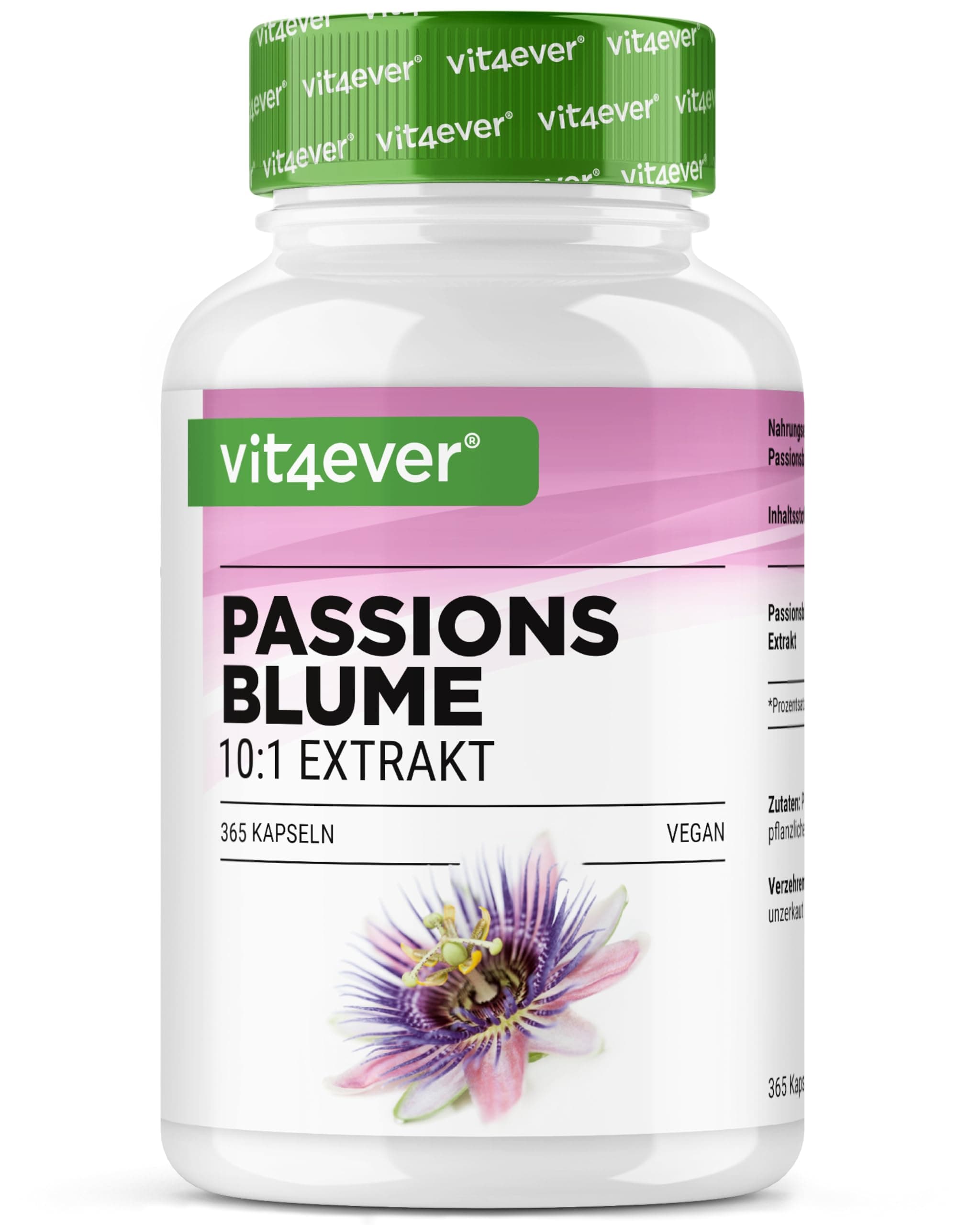 Passionsblume Extrakt - 365 Kapseln - Premium: 1100 mg Extrakt 10:1 (entspricht 11000 mg Passionsblume) pro Tagesportion - Hochdosiert, ohne unnötige Zusätze, vegan